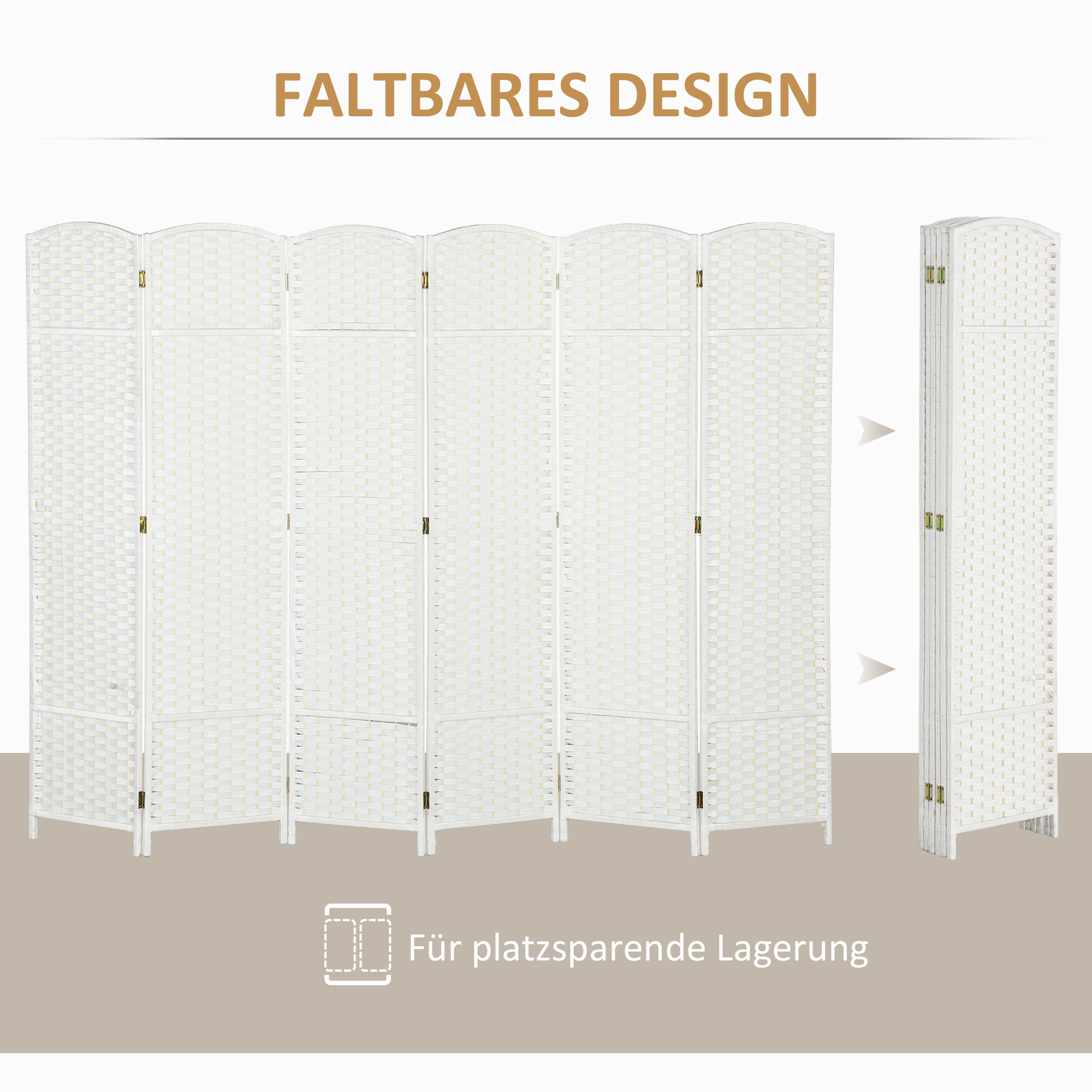 6-teiliger Raumtrenner, Faltbarer Sichtschutz, Sichtschutzwand für Wohnzimmer, Schlafzimmer, Homeoffice, Weiß