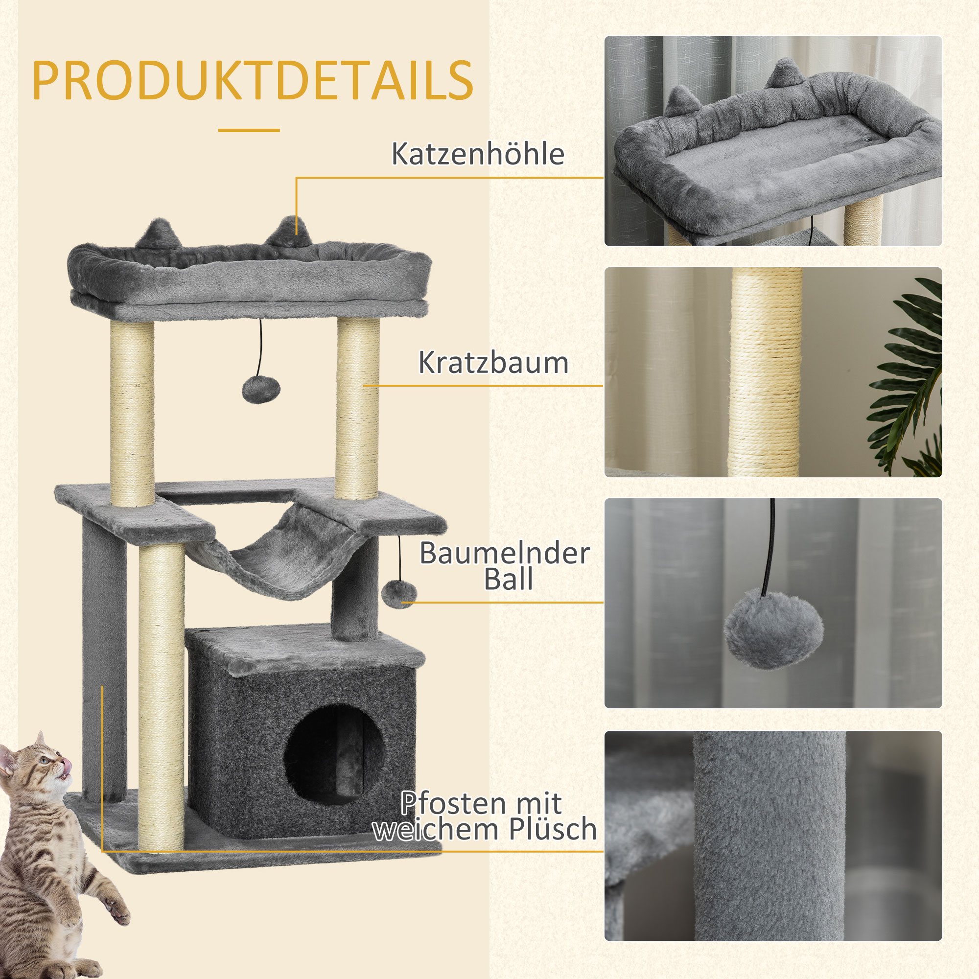 Katzenbaum 90 cm Kratzbaum mit Hängematte Spielbaum Katzenhöhle Plattformen Kletterbaum Katzenkratzbaum Aktivitätskratzbäum Plüsch Sisal Grau