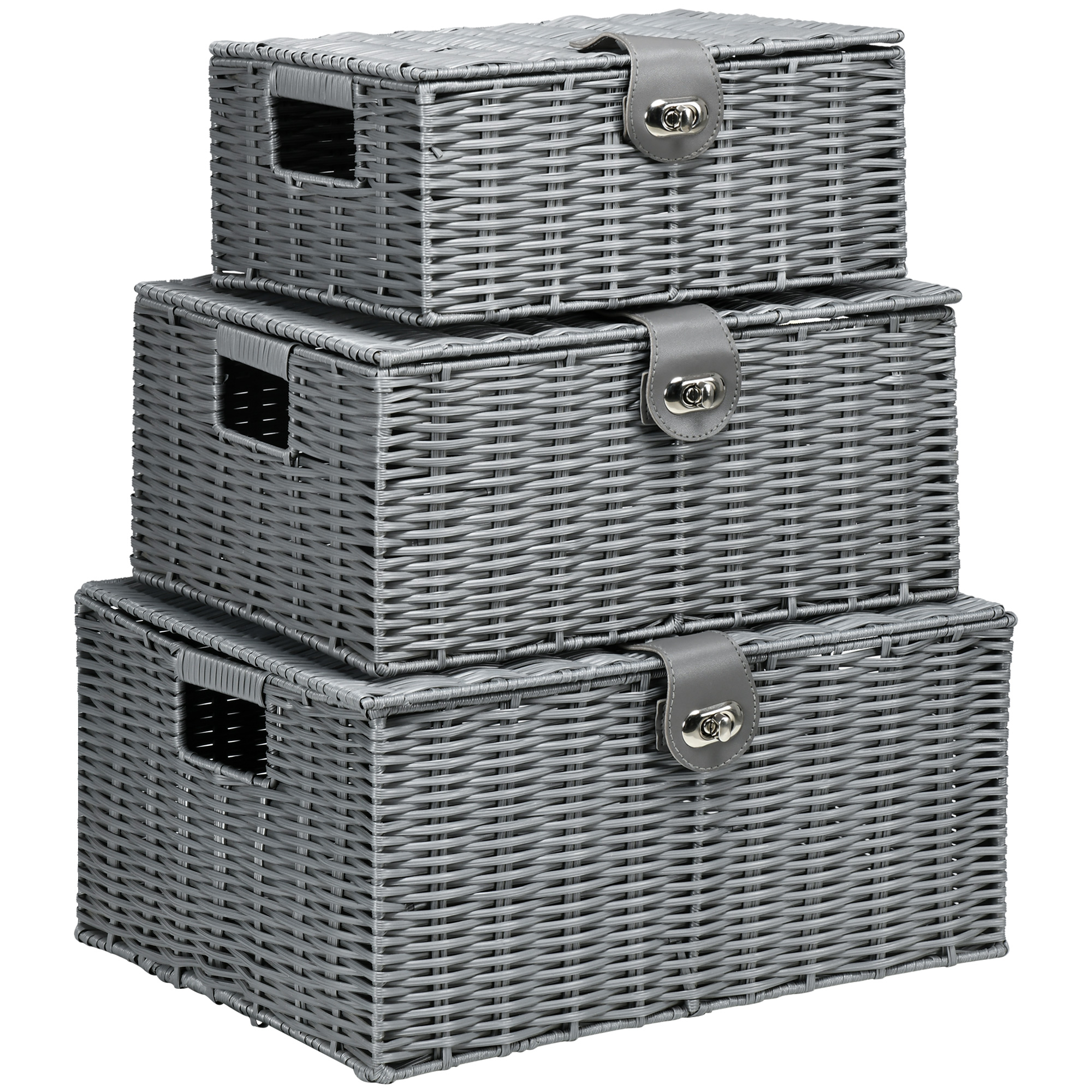 3er-Set Aufbewahrungskörbe aus PE- Rattan, mit Verschluss, Tragegriffen, 35,5 cm x 28,5 cm x 18 cm, Grau 3er-Set Aufbewahrungskörbe aus PE- Rattan, mit Verschluss, Tragegriffen, 35,5 cm x 28,5 cm x 18 cm, Grau
