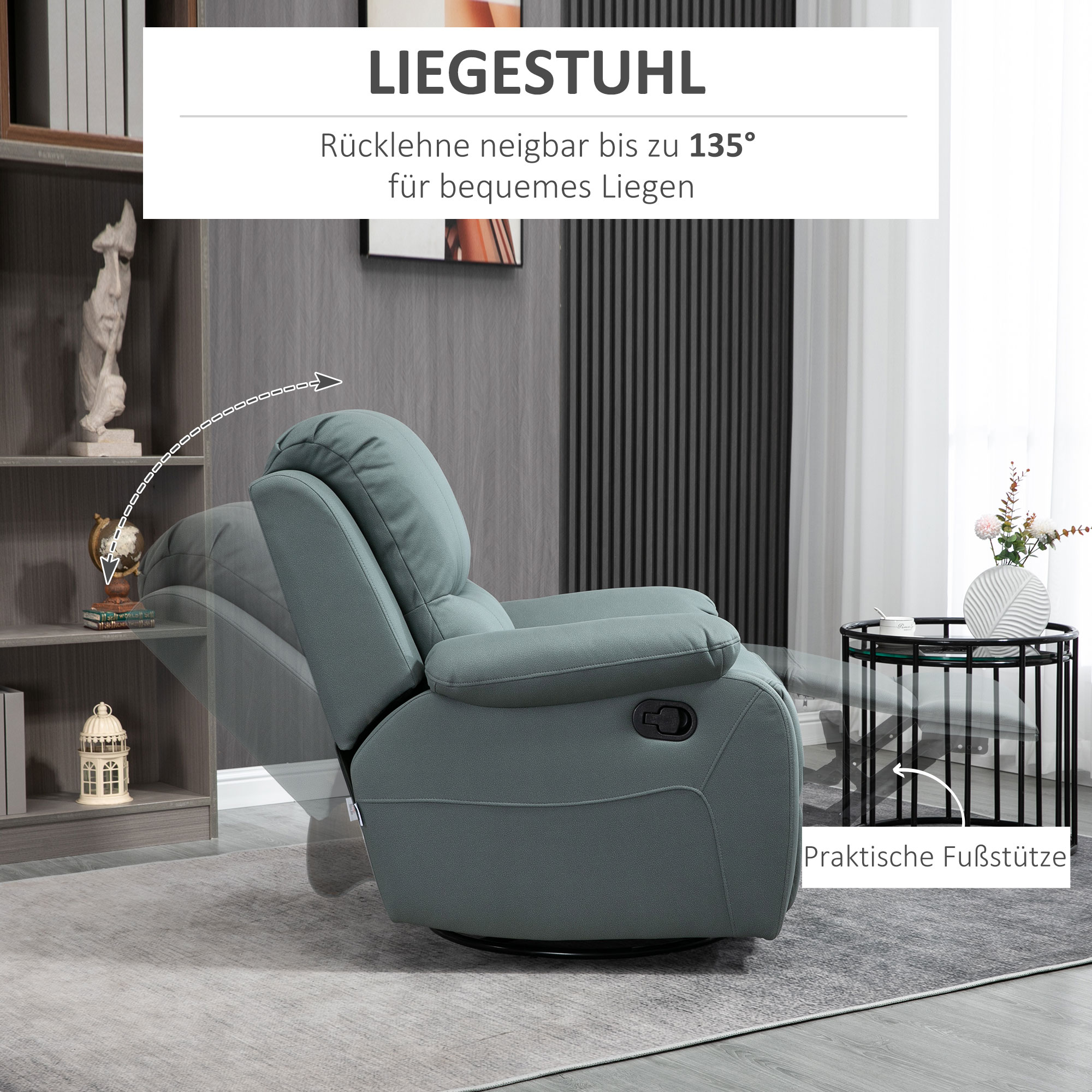 Relaxsessel mit Neigungsverstellung bis 135° 360 Grad drehbar 93 cm x 100 cm x 98 cm Stahlgestell Grün