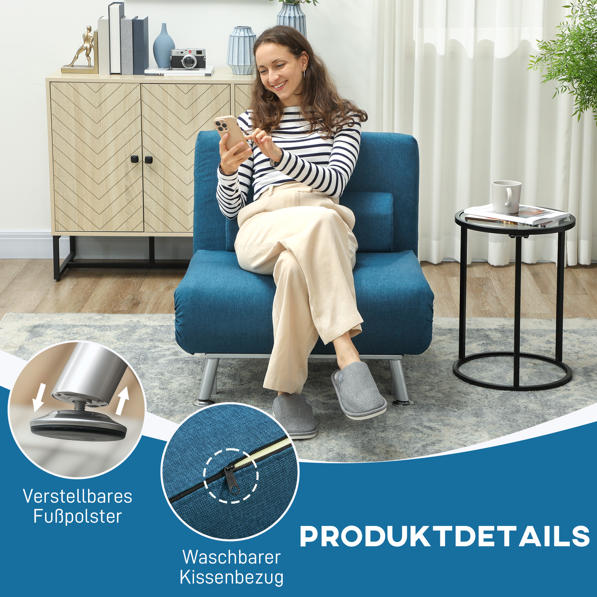 Klappsessel mit Bettfunktion, klappbarer Relaxsessel in Leinenoptik, Verstellbare Rückenlehne, 75 x 70 x 75 cm, Blau