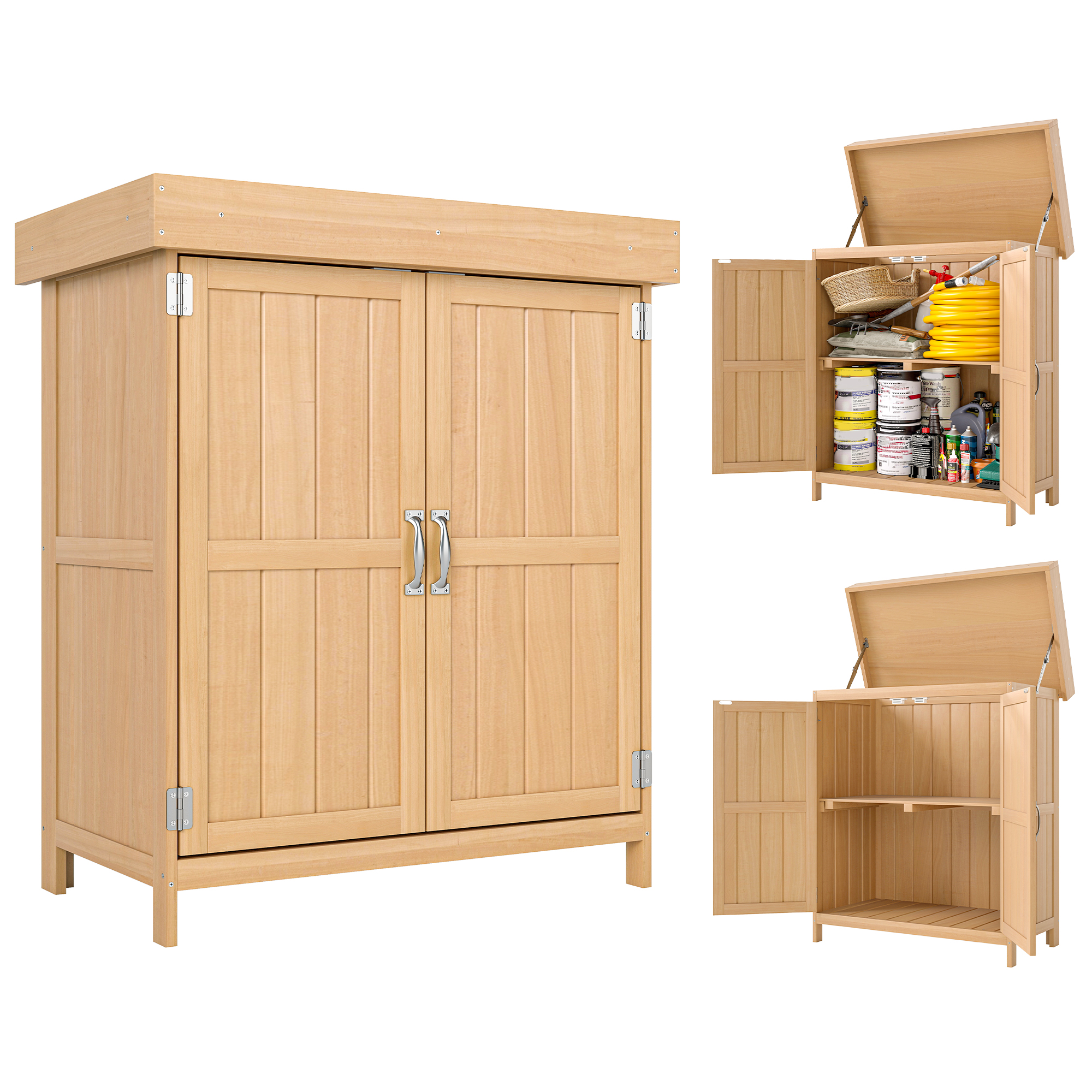 Gartenschrank Tannenholz, Geräteschuppen wetterfest 74x43x88cm, Gerätehaus mit Doppeltür, 2 Fächern, Geräteschrank, Gartenhaus Werkzeugschrank Gartenschuppen für Garten, Terrasse, Natur