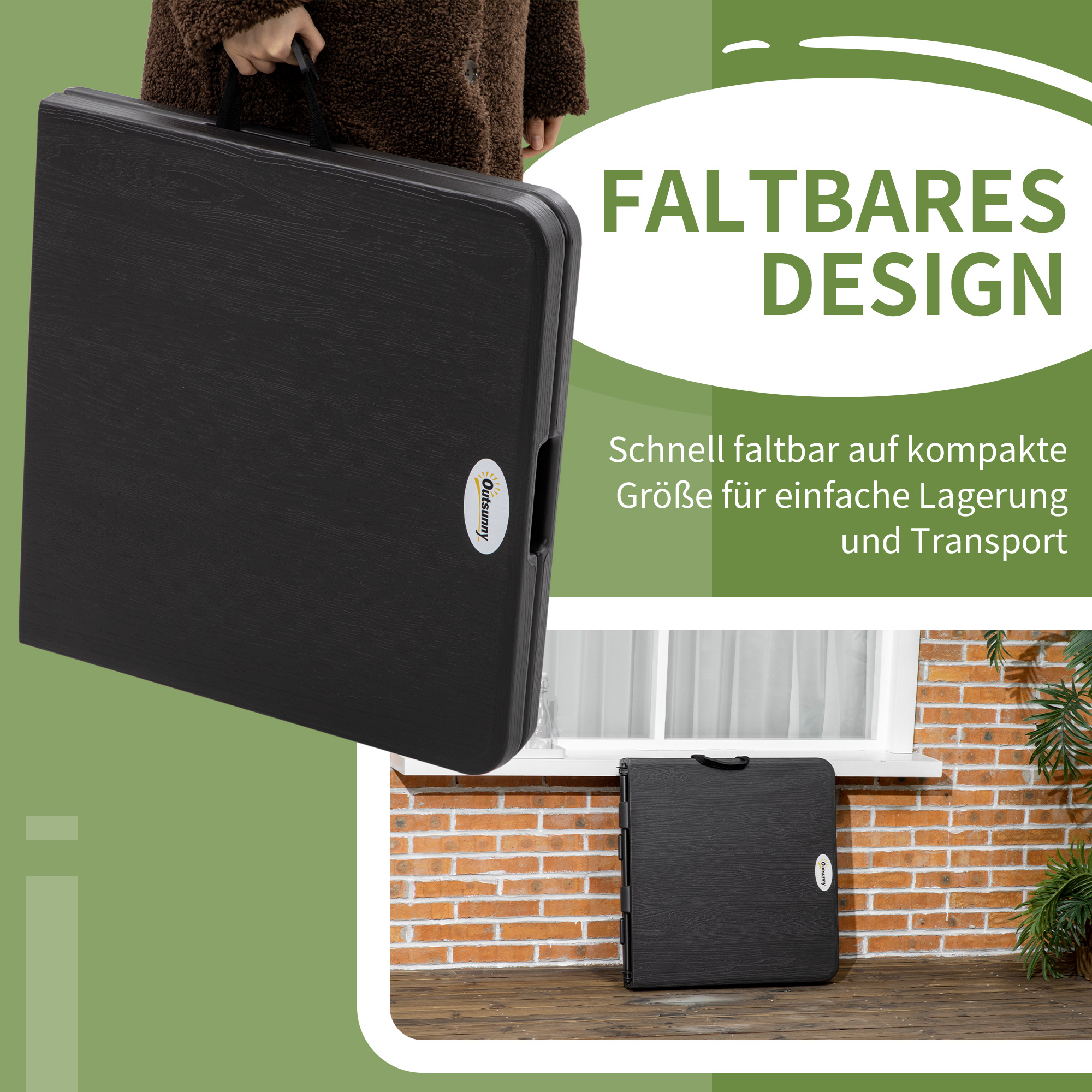 Outdoortisch, Gartentisch, für 4 Pers., klappbar, höhenverstellbar, Holzoptik, grau+schwarz, 118 x 60 x 74 cm