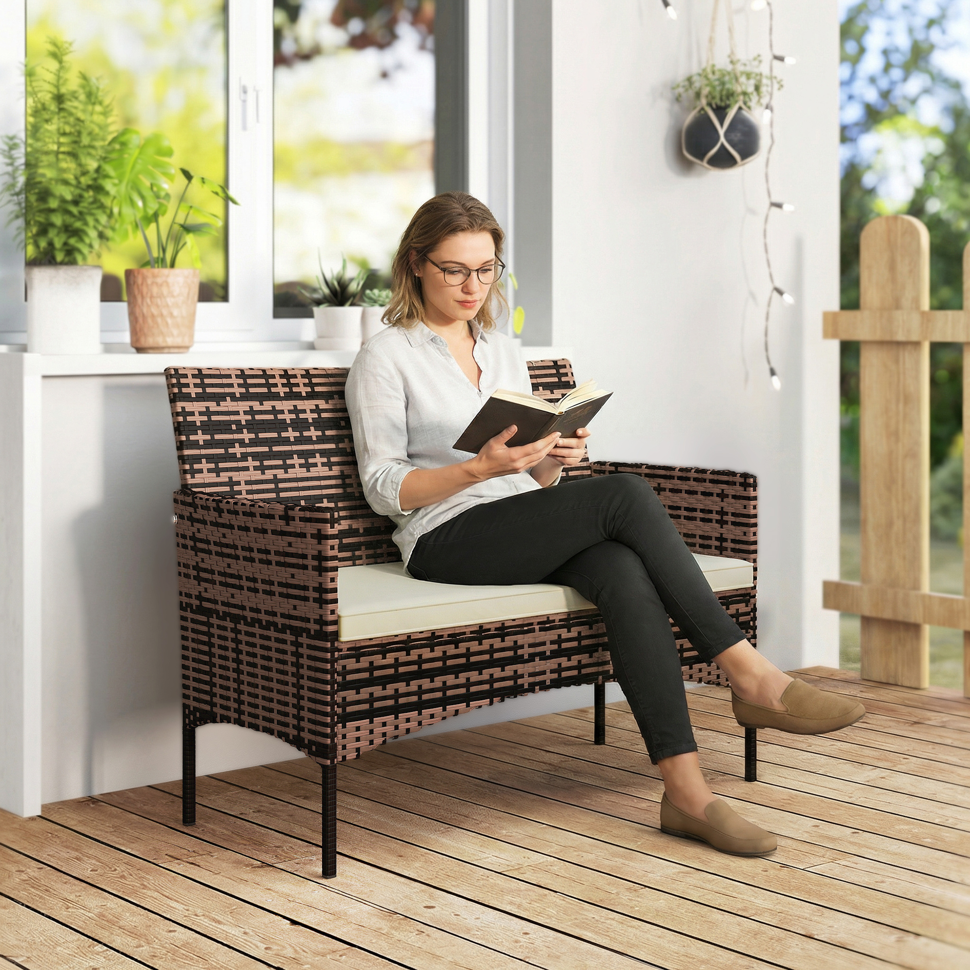 2-Sitzer Rattan Gartensofa PE-Rattan Outdoor-Terrassen-Sofa mit Polster, Anti-Rutsch-Matten, Stahlrahmen, Khaki