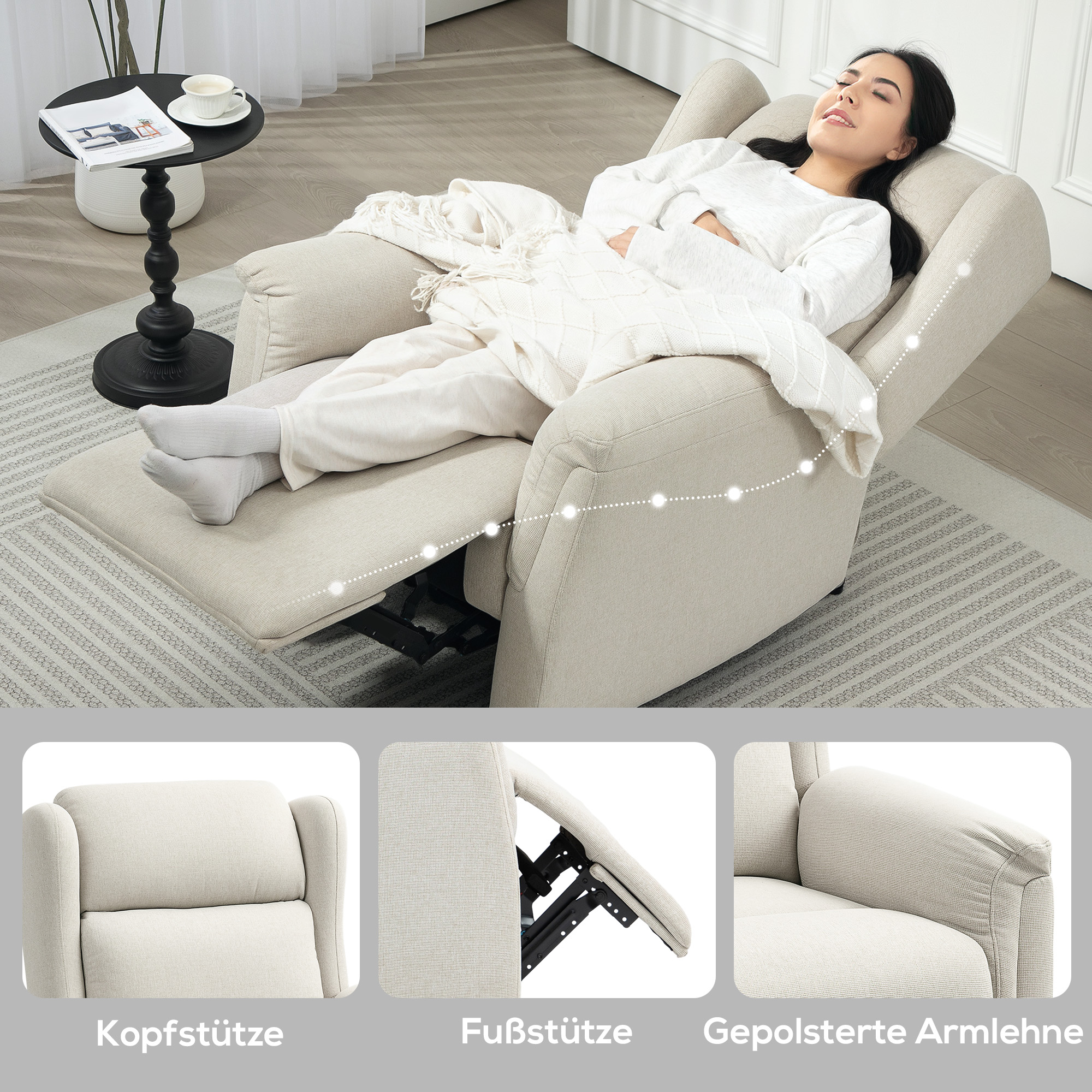 Relaxsessel, Verstellbarer Polstersessel mit Fußstütze, 160° neigbar, Leinenoptik, schneller Aufbau, Beige