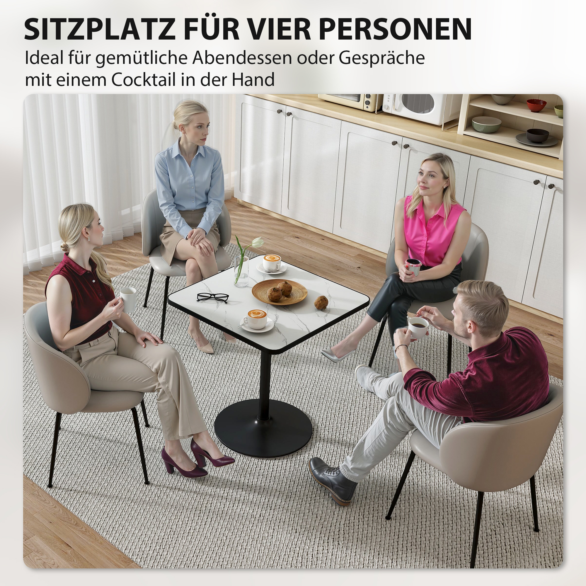 Esstisch, 70 x 70 cm quadratischer Küchentisch für 4 Personen mit Marmor-Optik für Küche Weiß
