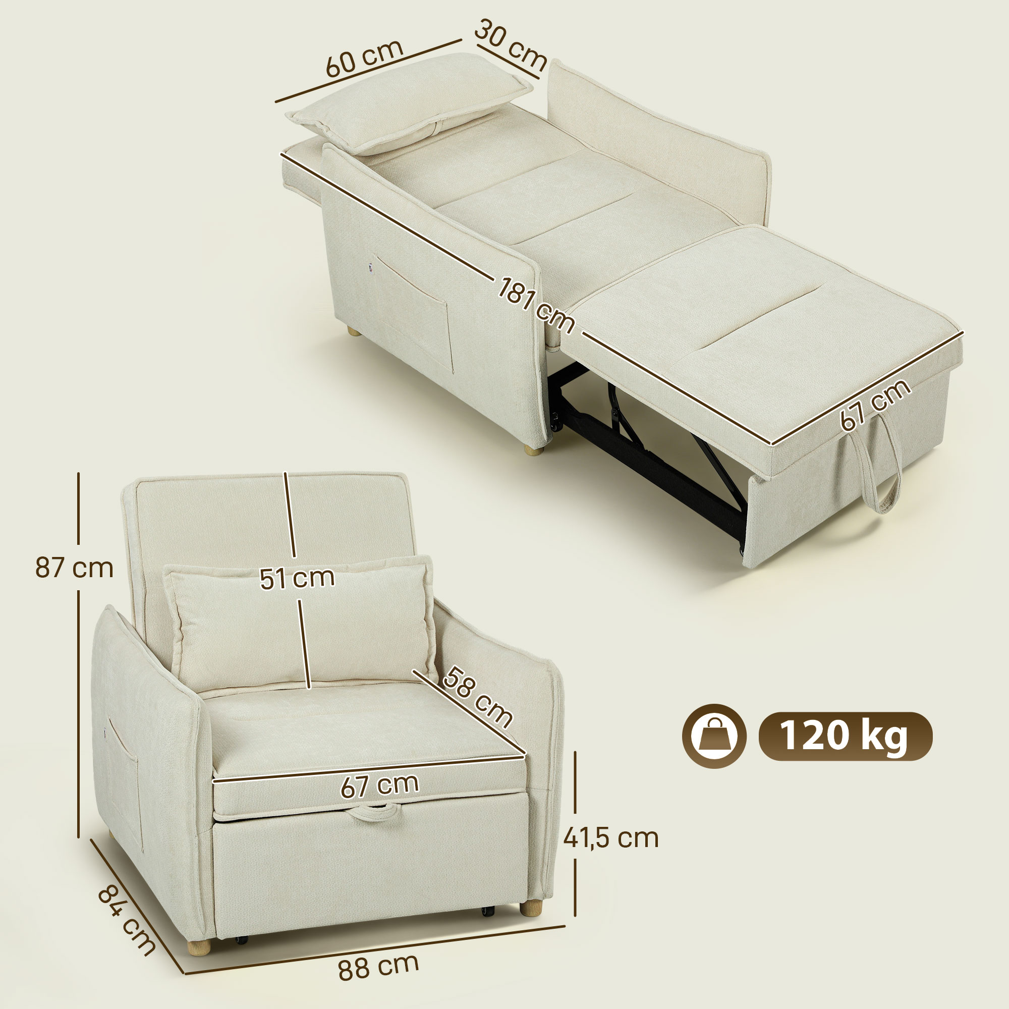 Schlafsessel 3 in 1 Umwandelbarer Sessel mit Bettfunktion, Lendenkissen, für Wohnzimmer Creme