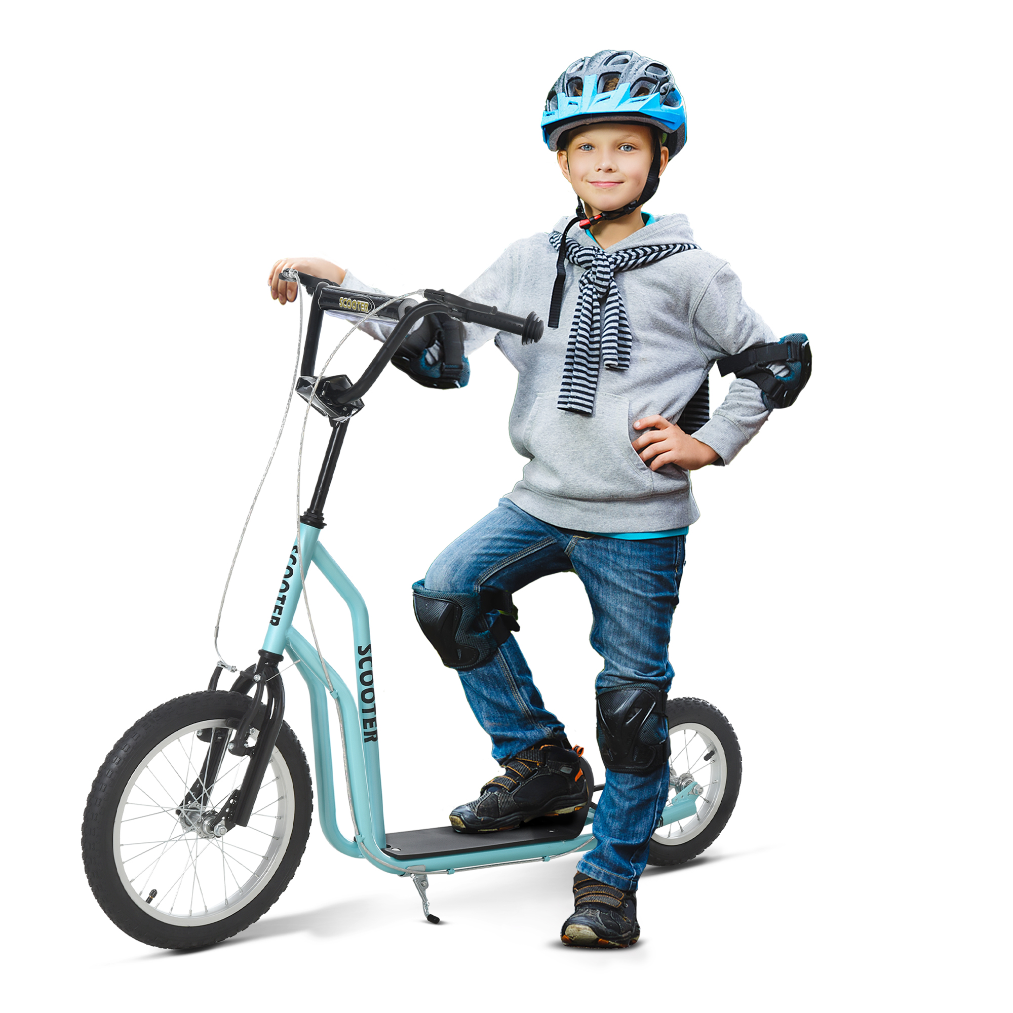 Kinderroller ab 5 jahre Scooter Tretroller Cityroller Kinder Roller Kickboard mit Luftreifen16/12 Zoll Blau 135 x 58 x 88-94 cm