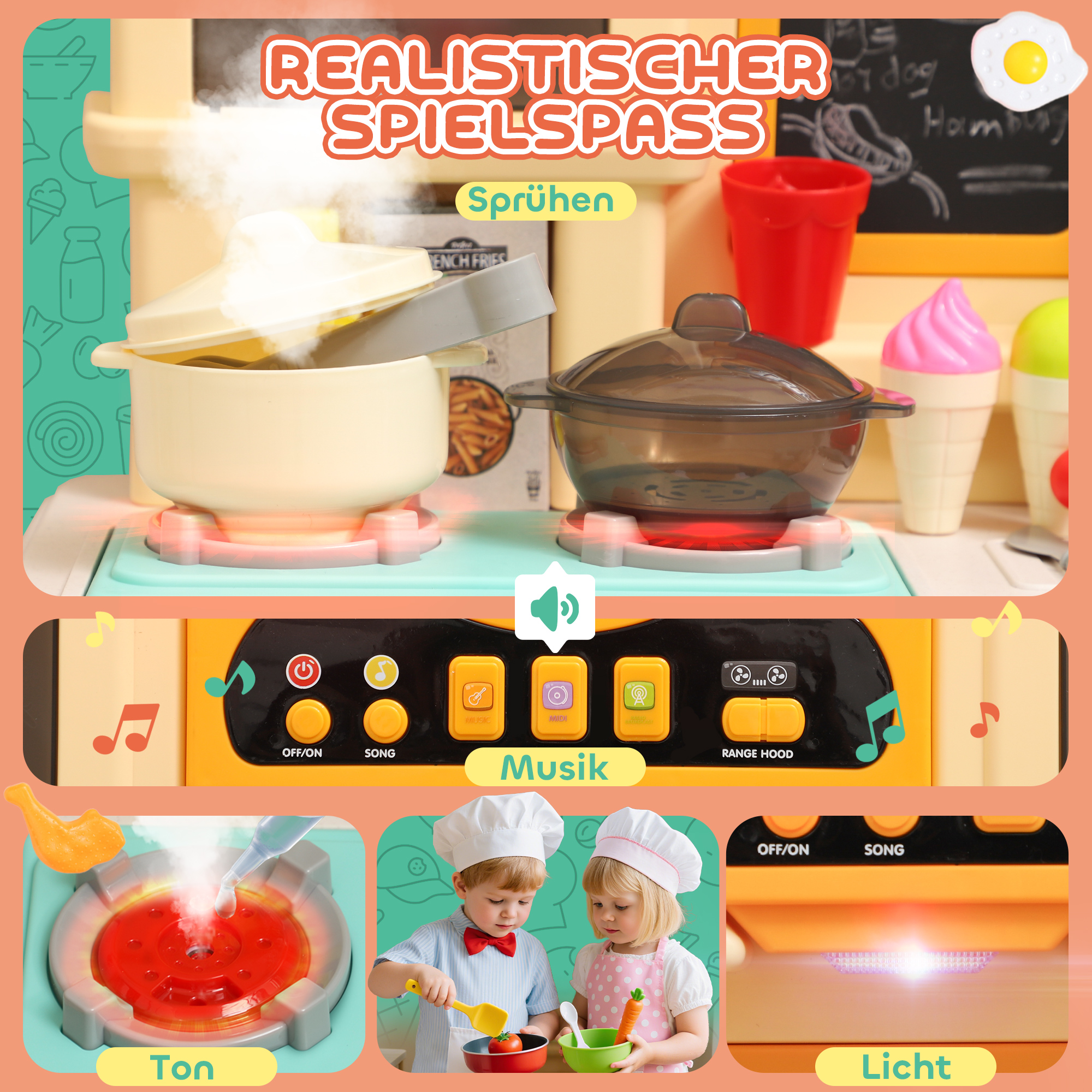 Spielküche mit fließendem Wasser, 85-teiliges Zubehör, elektrischer Wasserhahn, Lichter, Geräusche, für Kinder von 3-6