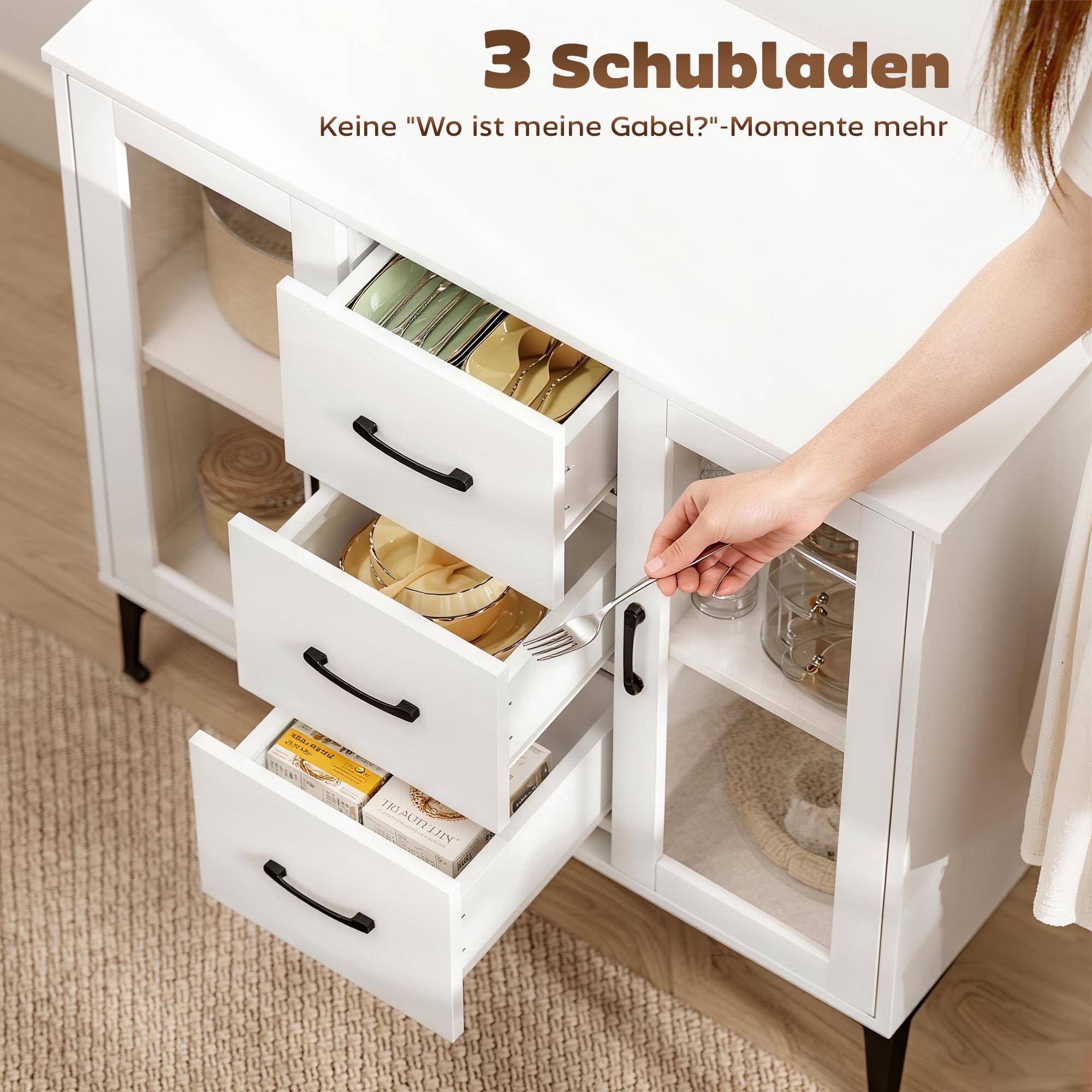 modernes Sideboard mit Soft-Close-Türen, Buffetschrank mit 3 Schubladen, 2 Glastüren, verstellbare Regale, MDF, Weiß
