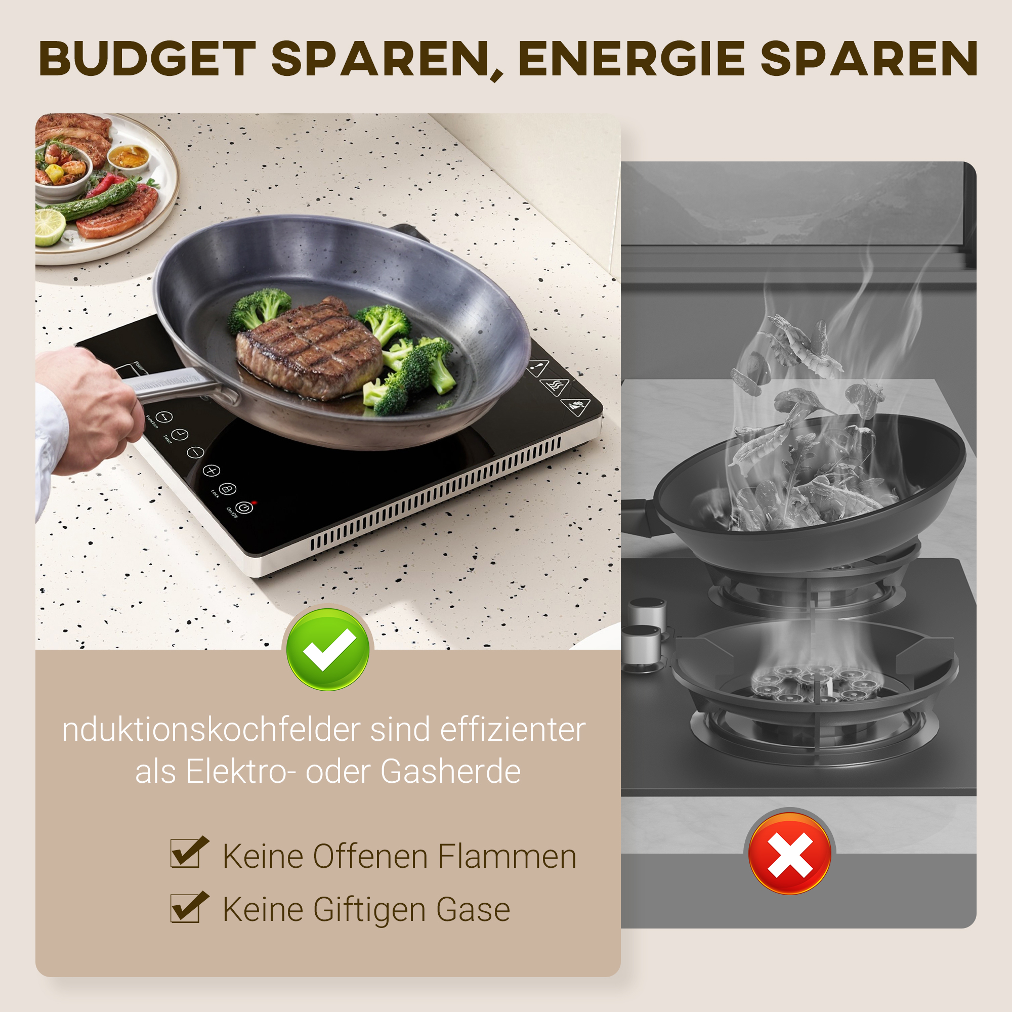 Kochplatte, Induktionskocher mit 10-Stufen-Temperatur, Touchpanel, Schwarz