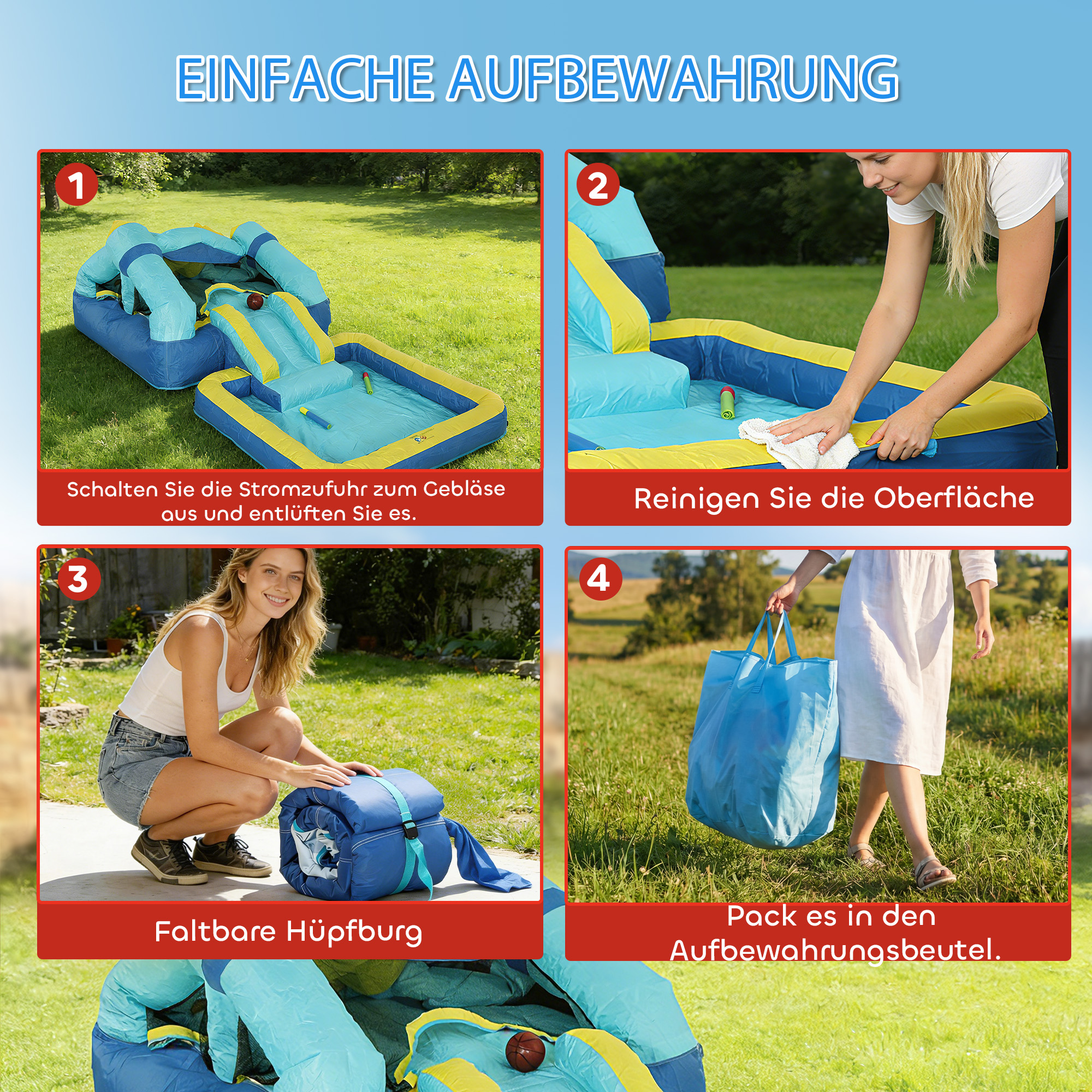 Hüpfburg Aufblasbar Spielcenter mit Gebläse Rutsche Trampolin Planschbecken/Bällebad Wasserpistole 364x173x182 cm Blau