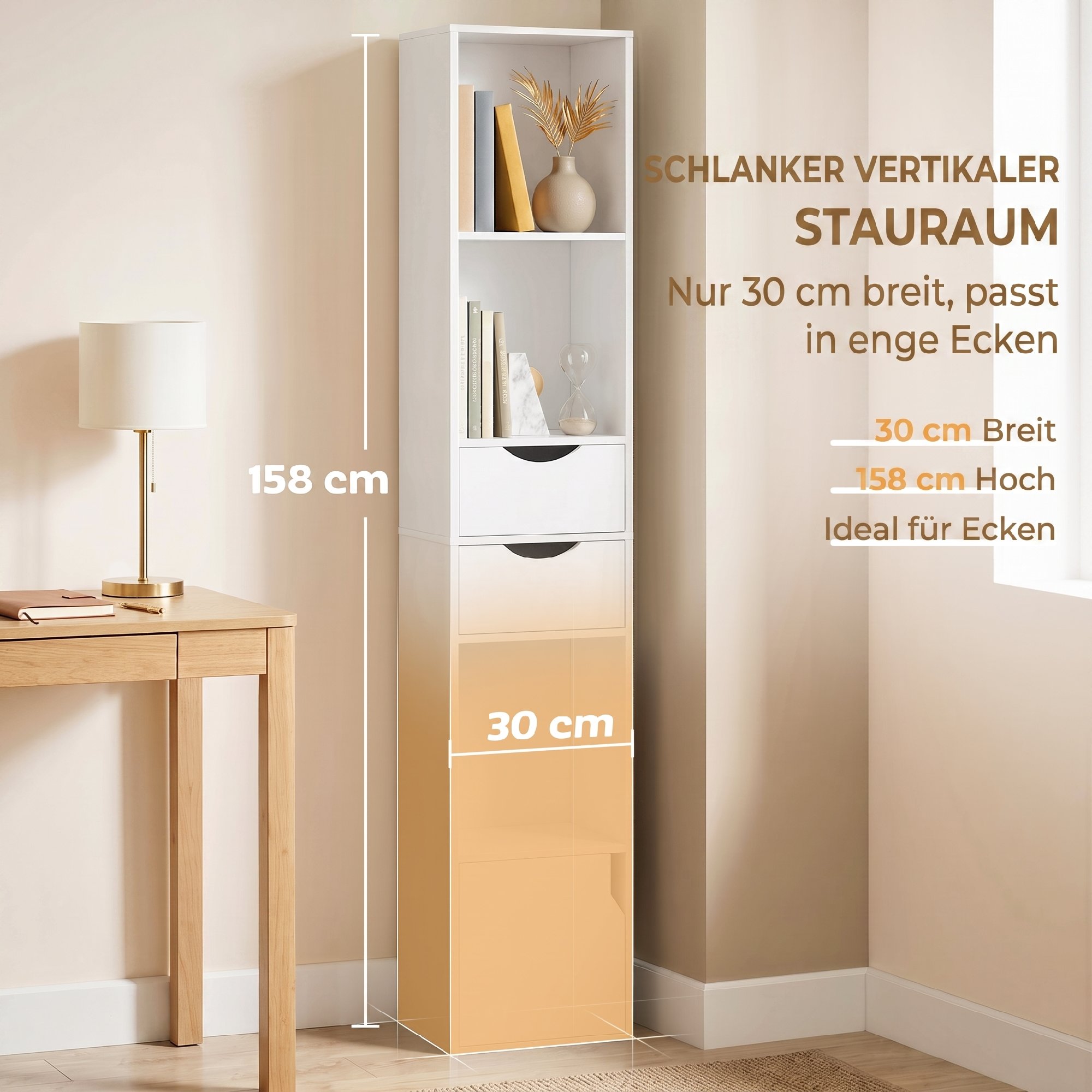 Bücherregal mit 2 Schubladen, Schmaler Bücherschrank mit 3 offenen Regalebenen, für Büro, Schlafzimmer 30x24x158cm Weiß