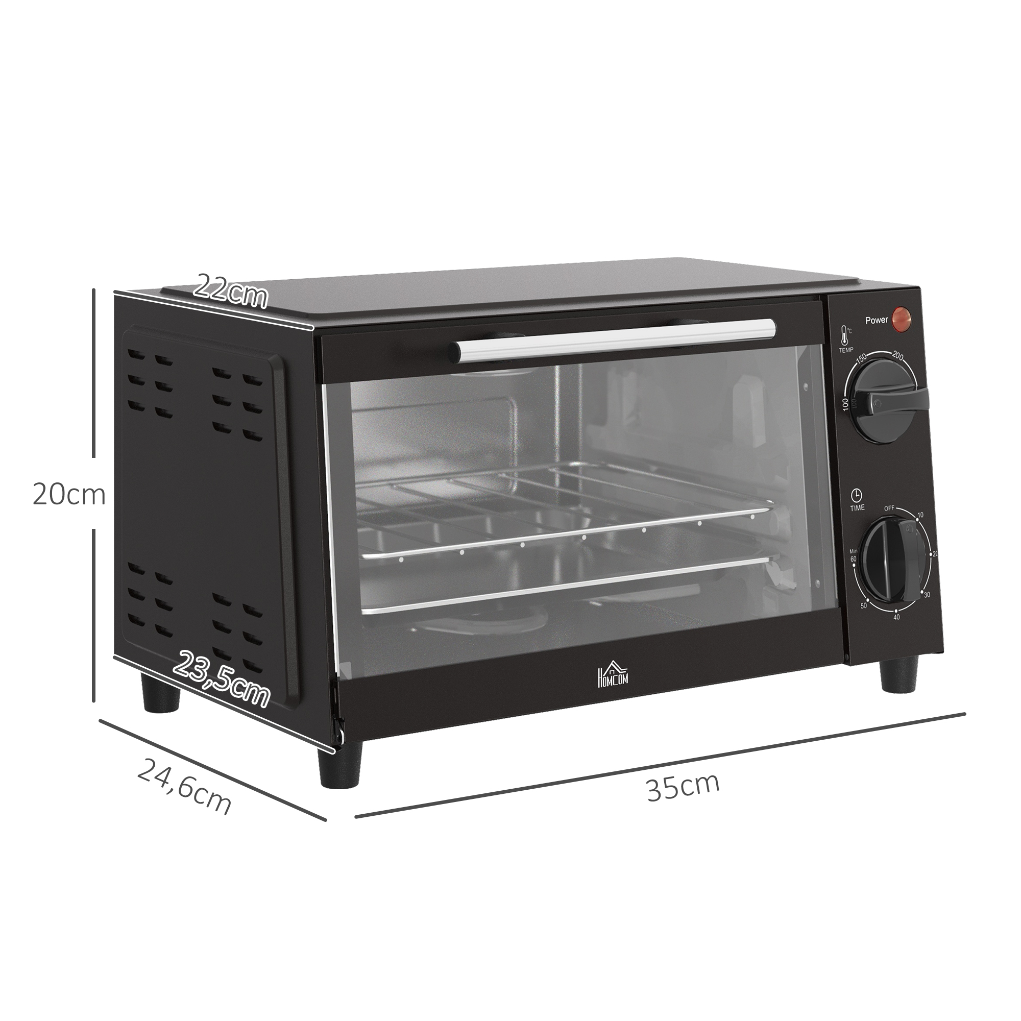 Mini-Backofen, 9 Liter Fassungsvermögen, Einstellbare Temperatur und Garzeit, mit Grillrost und Backblech, Schwarz