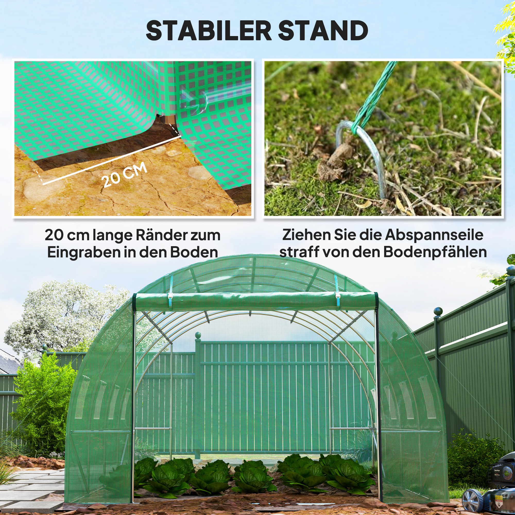 Polytunnel Gewächshaus mit Kunststoff-Abdeckung und Stahlrahmen, begehbares Gewächshauszelt mit Rolltüren, Grün