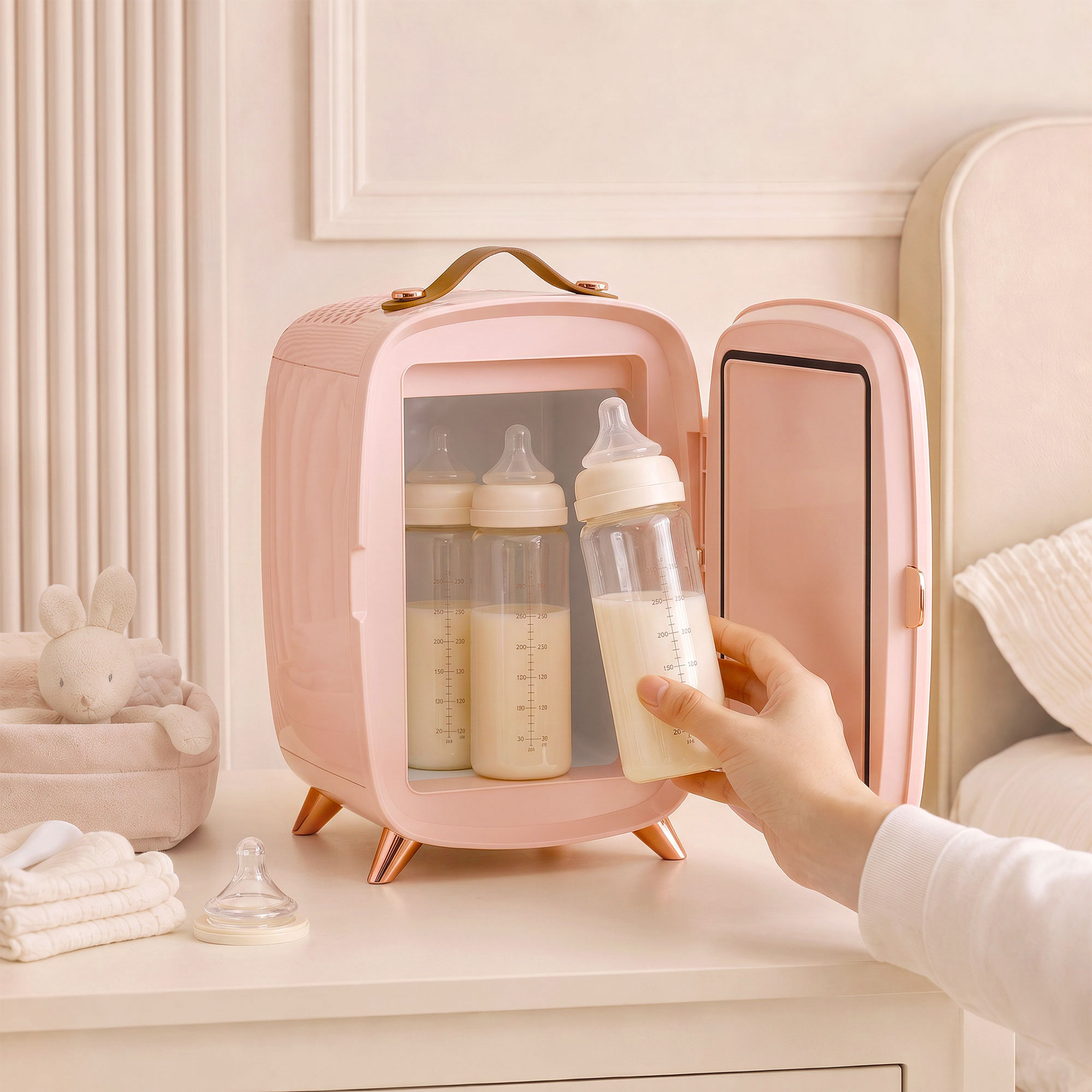 Minikühlschrank für Kosmetikprodukte, Getränke und Snacks, tragbar, mit beleuchtetem Spiegel, leiser Betrieb, 6L, Rosa