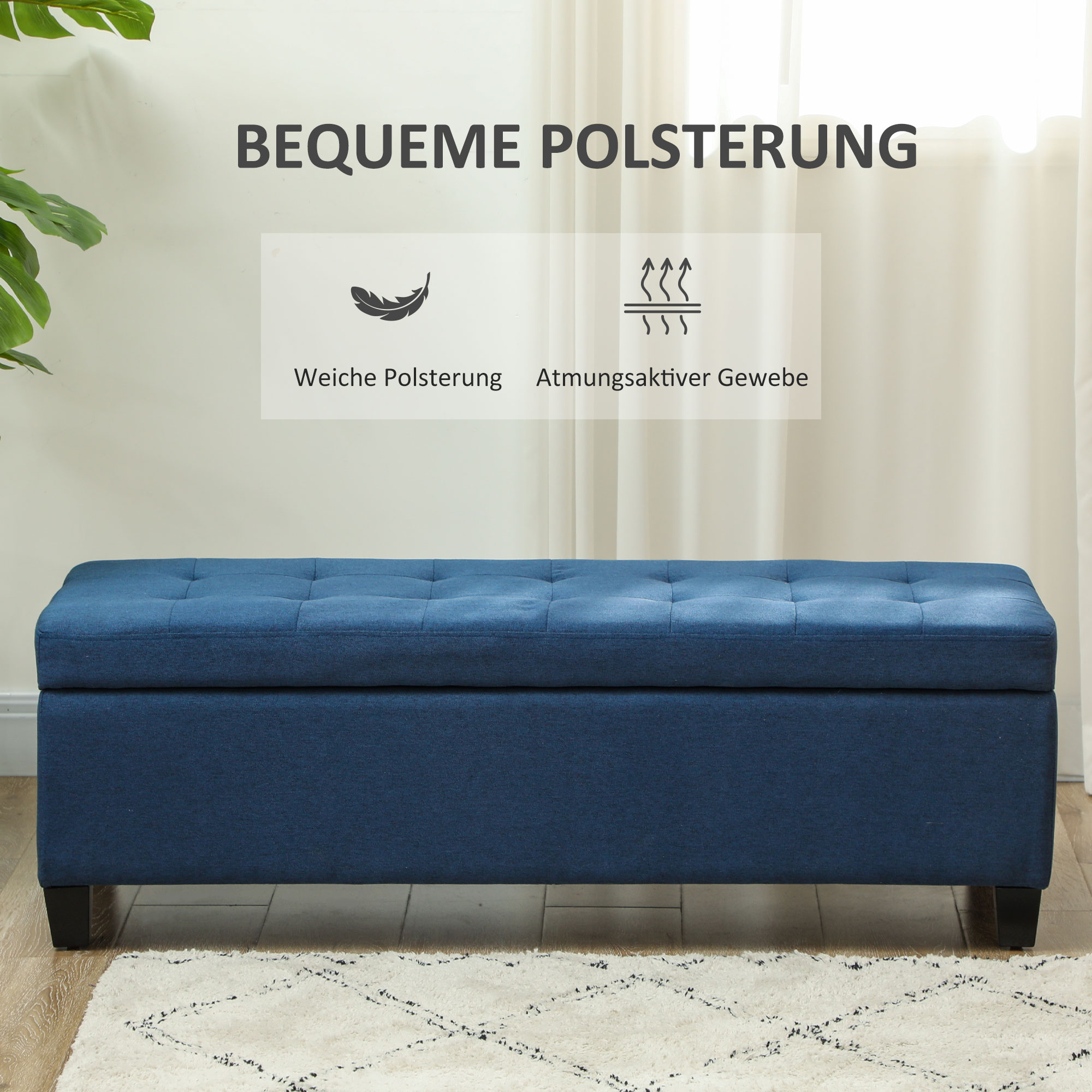 Sitzbank mit Stauraum, Ottomane, Flurbank, Knopfheftung,125,1 cm x 48,9 cm x 41,3 cm, Blau