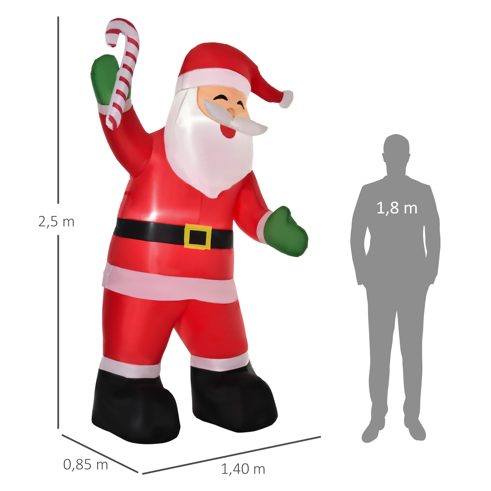 Aufblasbarer Weihnachtsmann mit LED-Beleuchtung inkl. Gebläse, Halteseilen, Bodenspieße, Sandsäcke,140cm x 85cm x 250cm