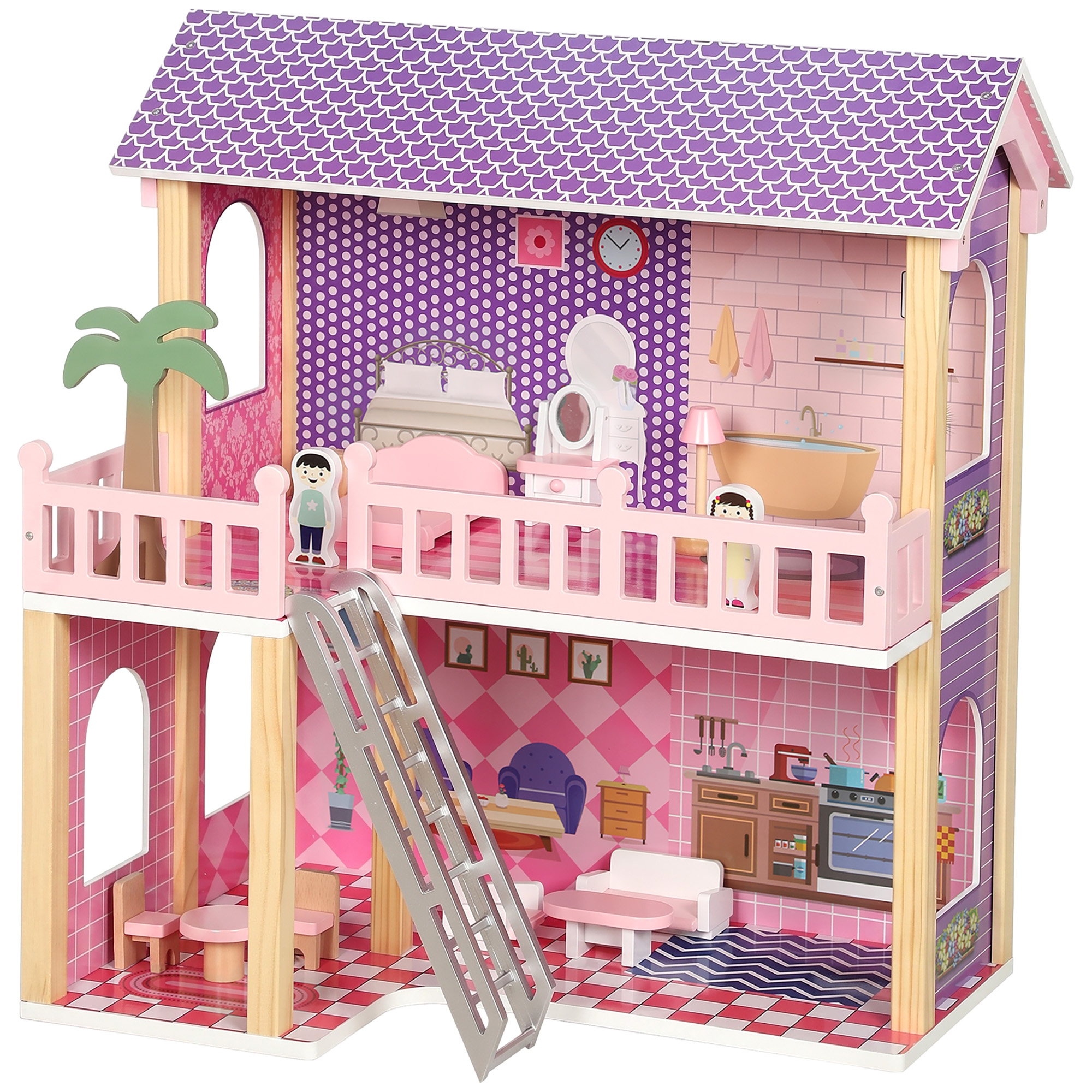 Puppenhaus 69 cm Hoch 2-stöckig mit 2 Puppen 11 Möbeln Leiter Balkon Groß für Mädchen von 3-6 Jahren Rosa