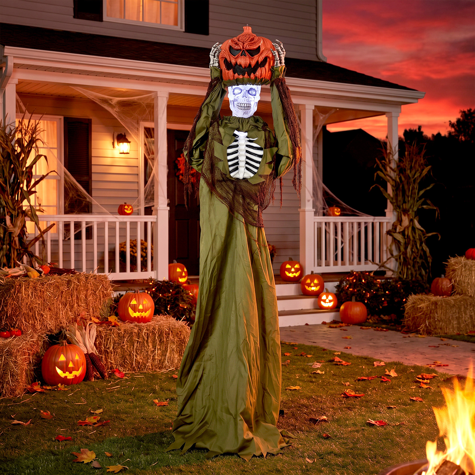 animiertes Pop-up-Kürbis-Skelett, 173 cm, gruselige Halloween-Deko mit Licht sowie Sound- und Berührungsaktivierung