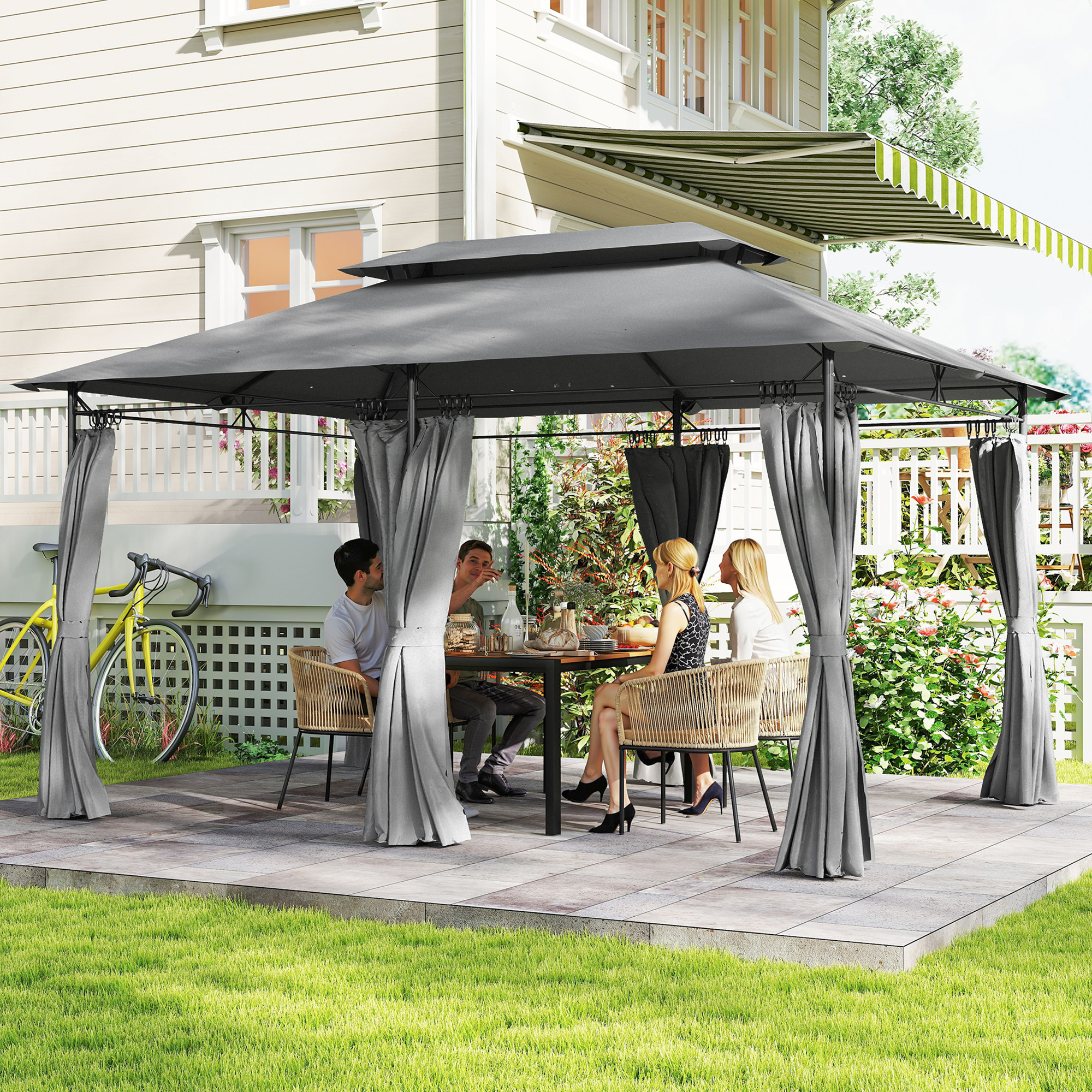 Gartenpavillon 3x4 m mit abnehmbaren Vorhängen, Doppeldach und Metallgestell, Dunkelgrau