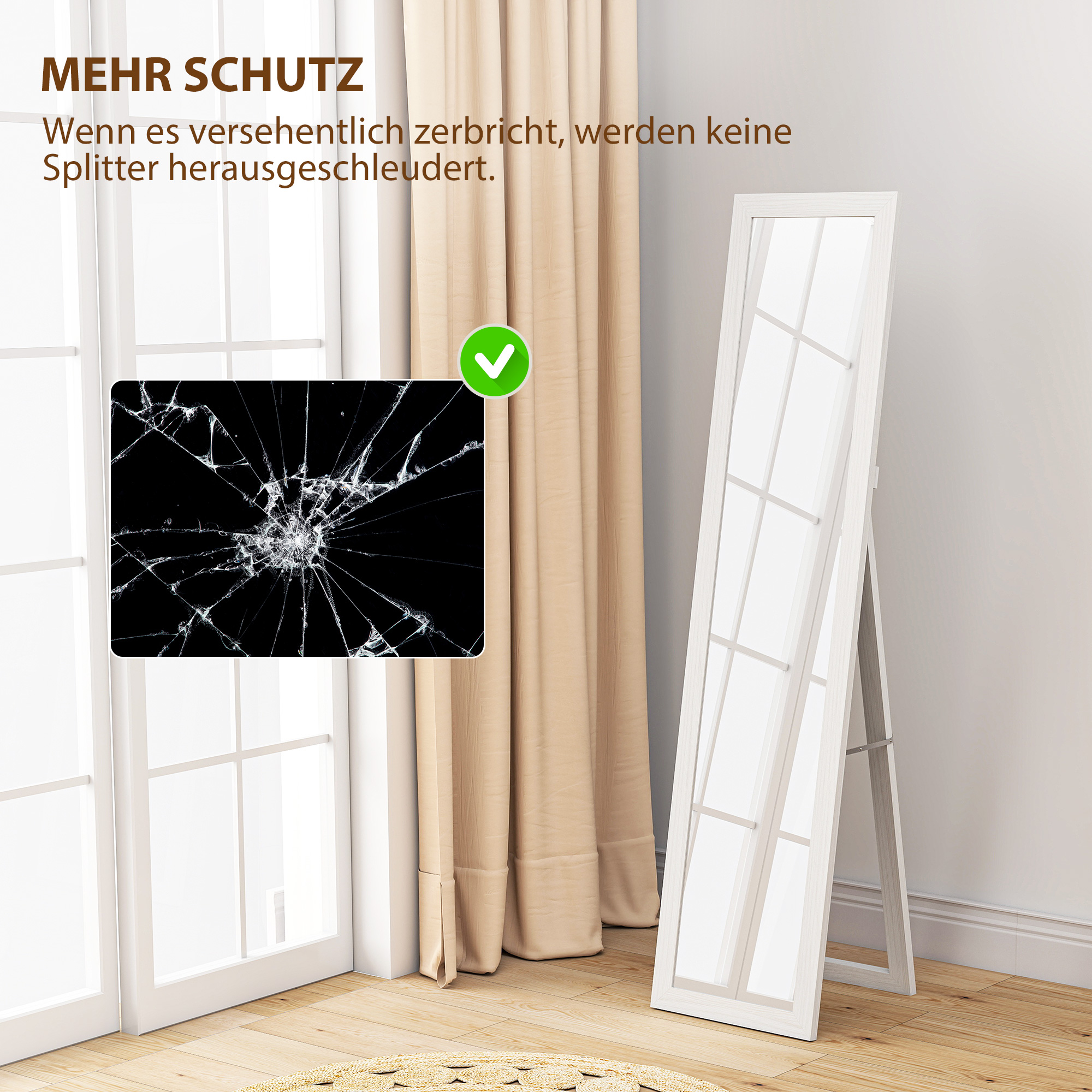 Standspiegel, Ganzkörperspiegel mit Ständer, freistehender Wandspiegel, 37 x 157 cm, Weiß