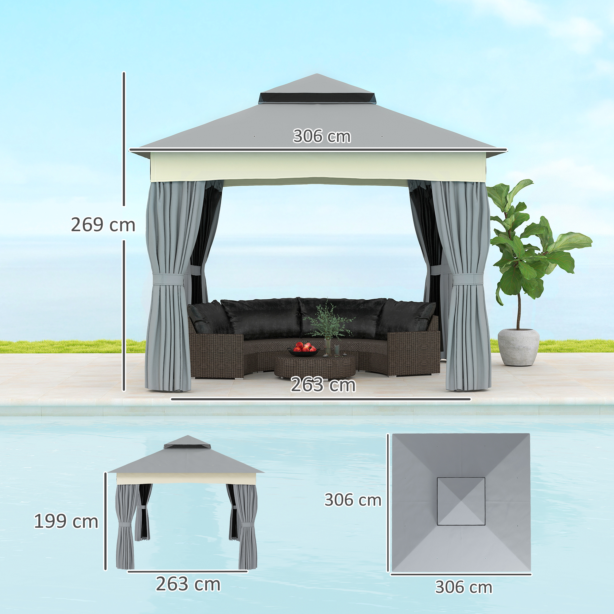 Pavillon mit Doppeldach, 3x3 m Wasserabweisend Stabil Winterfest Gartenpavillon aus Metall Dunkelgrau