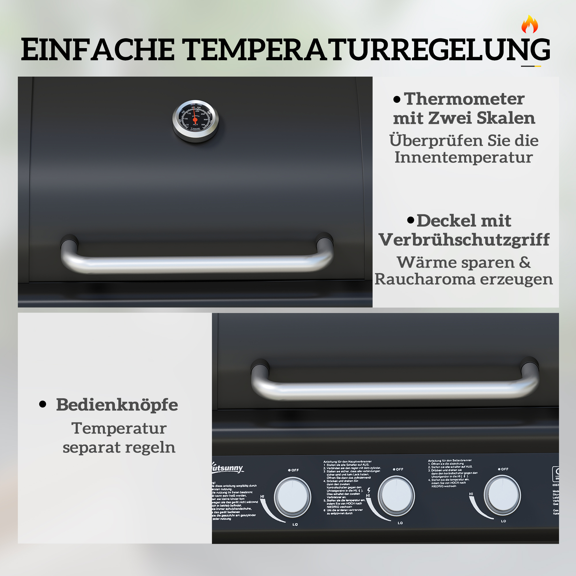 fahrbarer Gasgrill mit Stauraum, Seitentisch, Seitenbrenner, Warmhalterost, Thermometer, Edelstahl, Schwarz