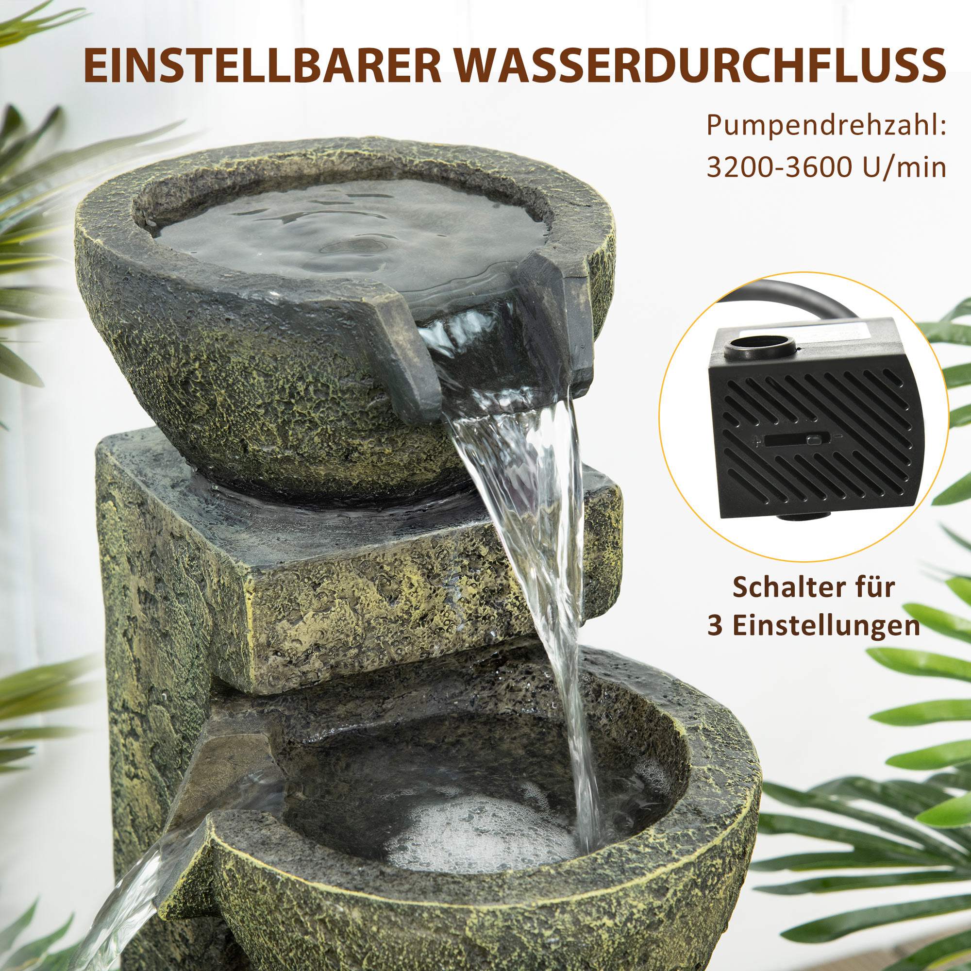 Springbrunnen, 3 Einstellungen, wetterbeständig, 25 cm x 24 cm x 60 cm, Grau