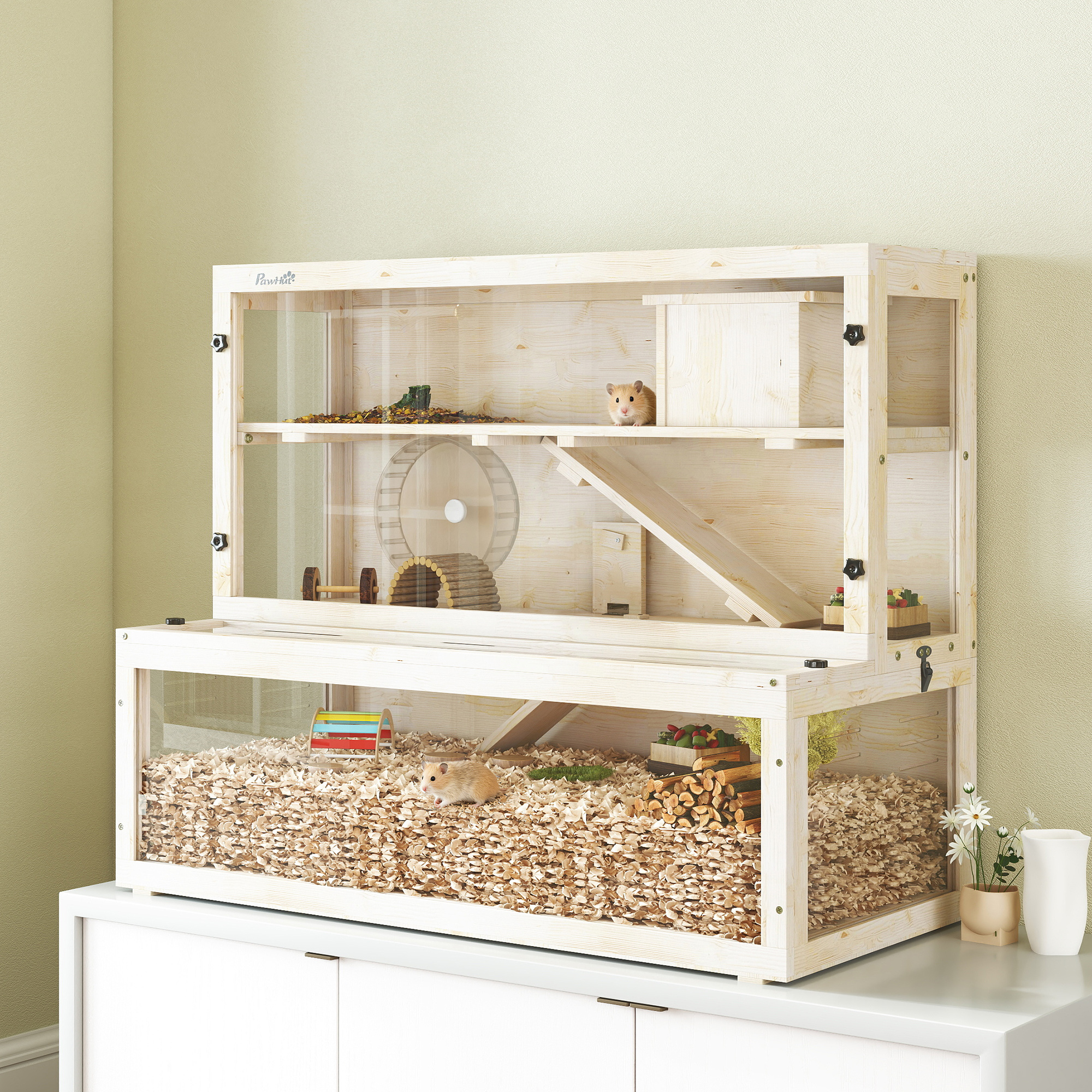 Hamsterkäfig, 3 Ebenen, Hütte, Zubehör, 100 x 50 x 84 cm, für mehrere Kleintiere, Holz, Kunststoff