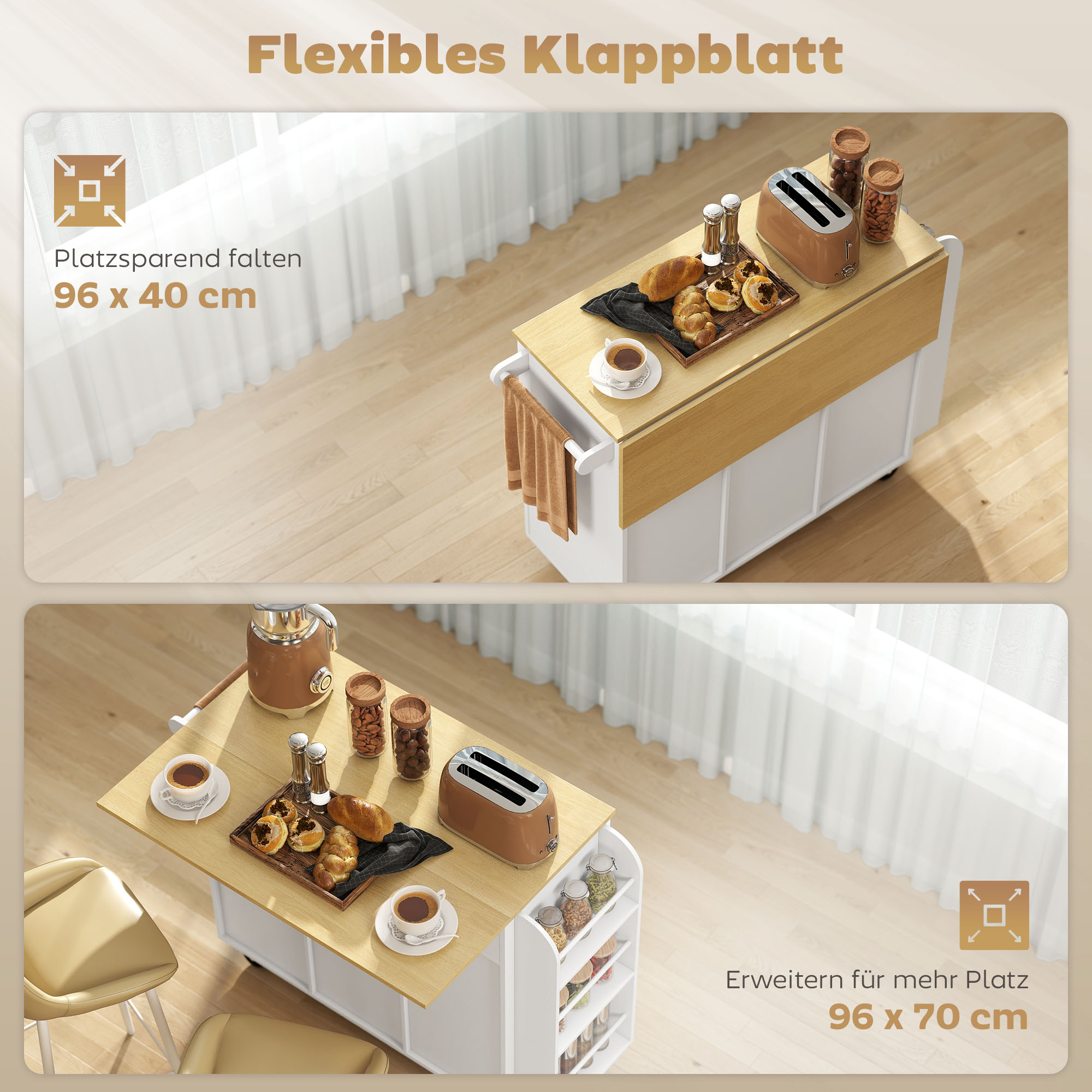 Rollbare Kücheninsel, ausklappbare Arbeitsfläche, Soft-Close-Schranktüren, Schubladen, Handtuchhalter, MDF, Weiß