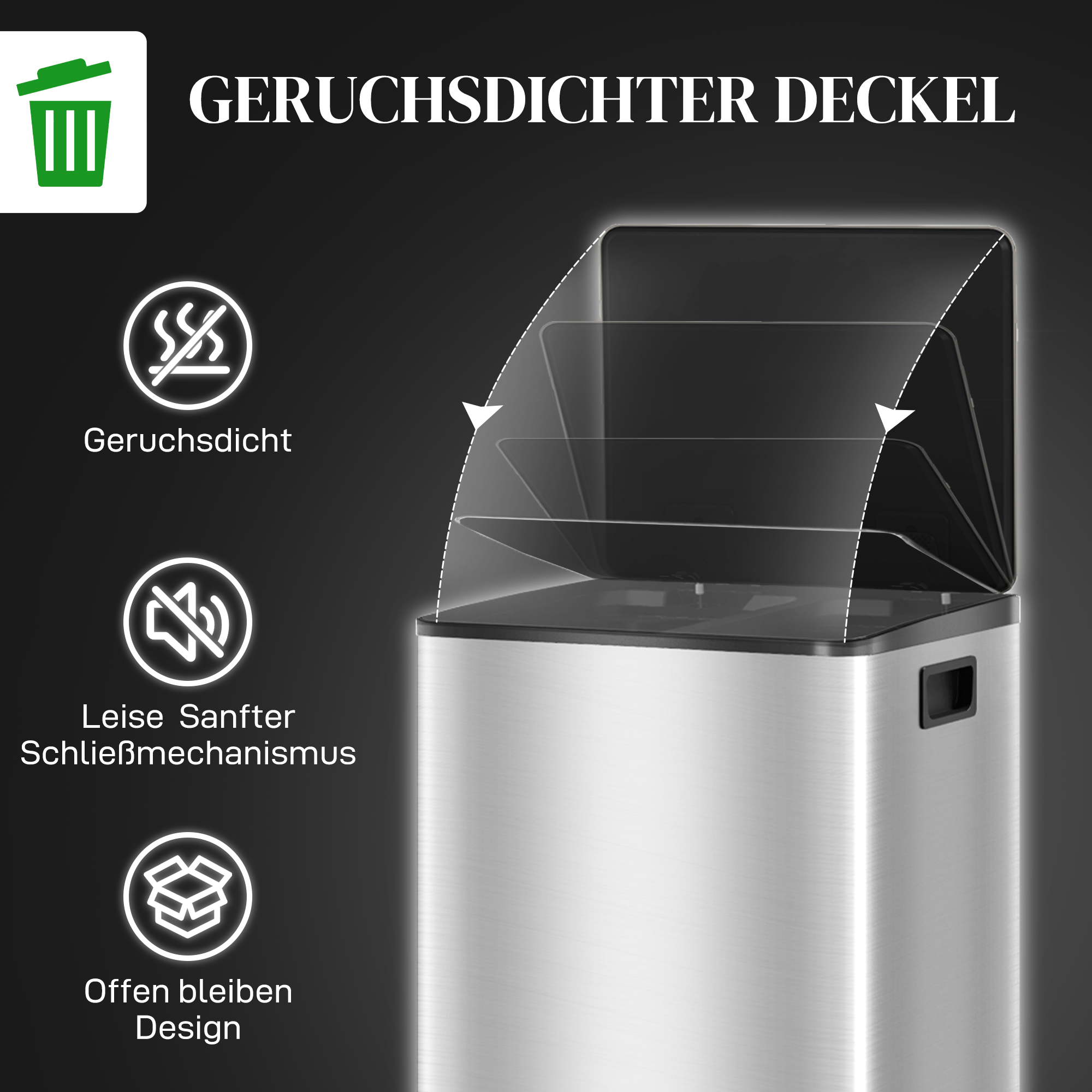 Mülleimer mit 2x30L Fächern, Soft-Close-Deckel, Fingerabdrucksicher, Edelstahl, Silber