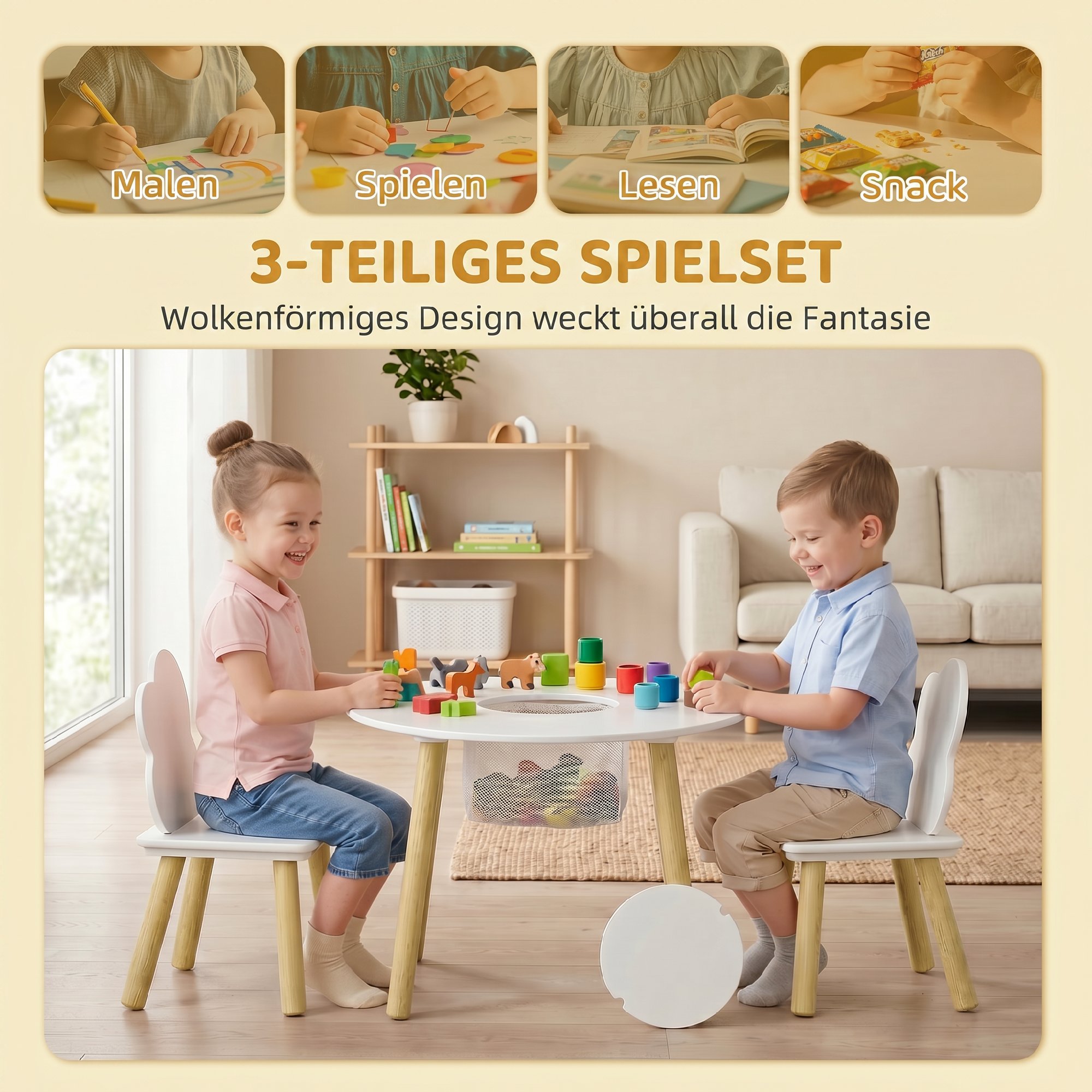 Kindertisch mit Stühlen und Aufbewahrung, 3-teiliges Kinder-Möbelset in Weiß und Natur für Spielzimmer und Kinderzimmer