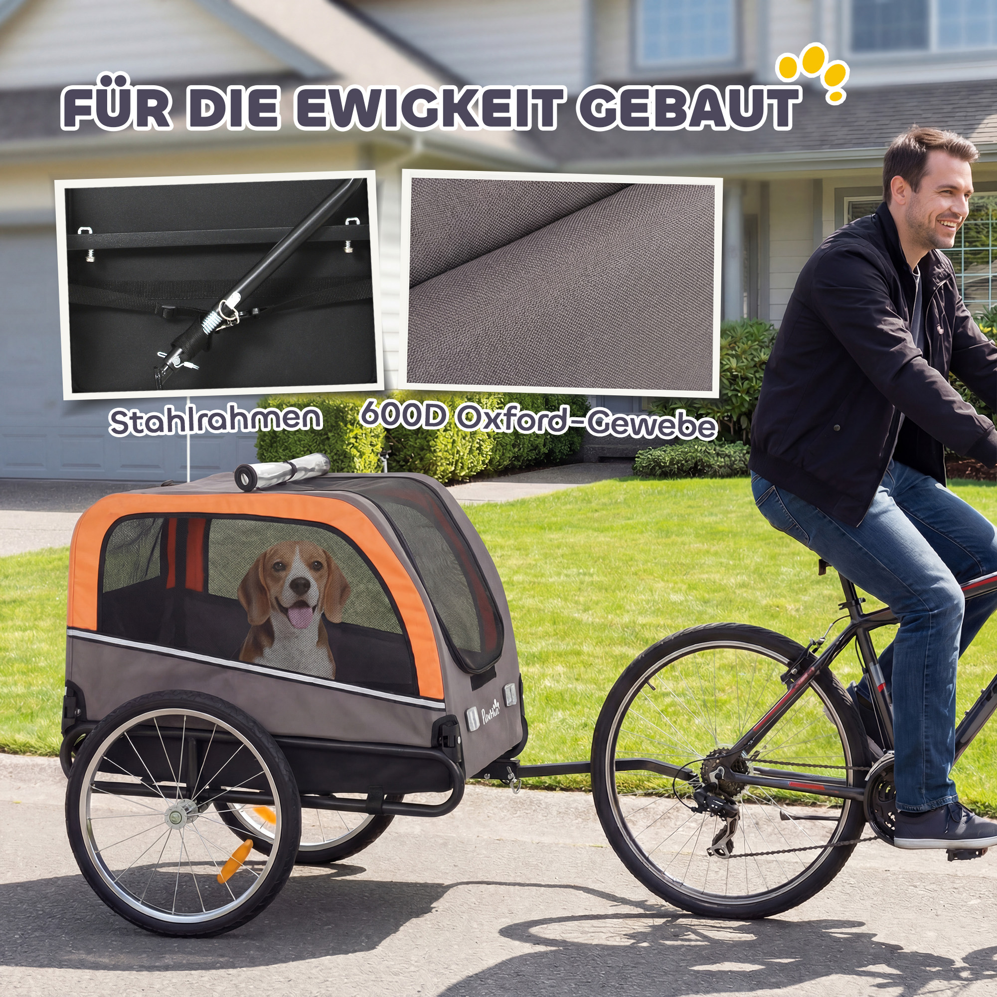 Hundeanhänger Faltbarer Fahrradanhänger mit Sicherheitsreflektoren für Kleine Mittelgroße Hunde bis 20 kg Orange