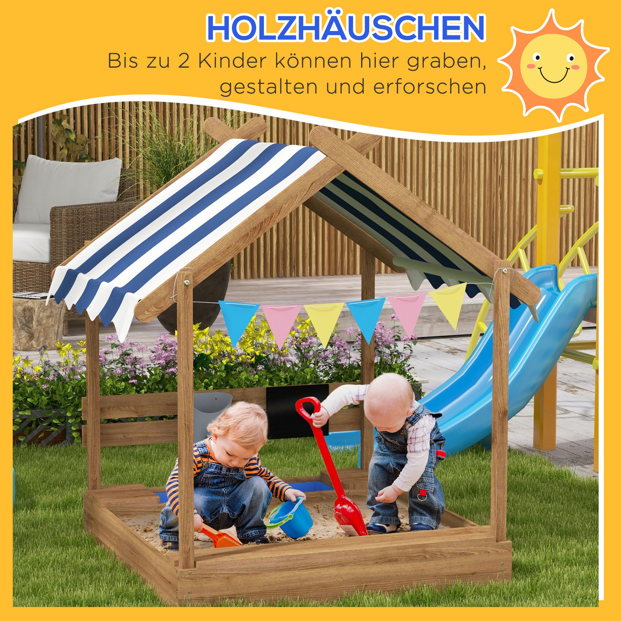 Sandkasten mit Sonnenschutz, Spielhaus-Design, mit Spielzeug-Set, behandeltes Massivholz, 124 x 116 x 146 cm, Braun