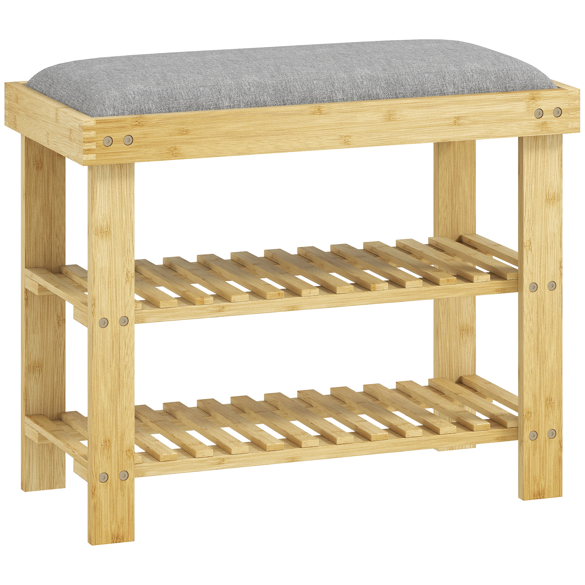 Schuhbank mit Sitzfläche, Bambus Sitzbank mit Stauraum, 2 offene Fächer, Sitzbank 60 x 29 x 49 cm Grau