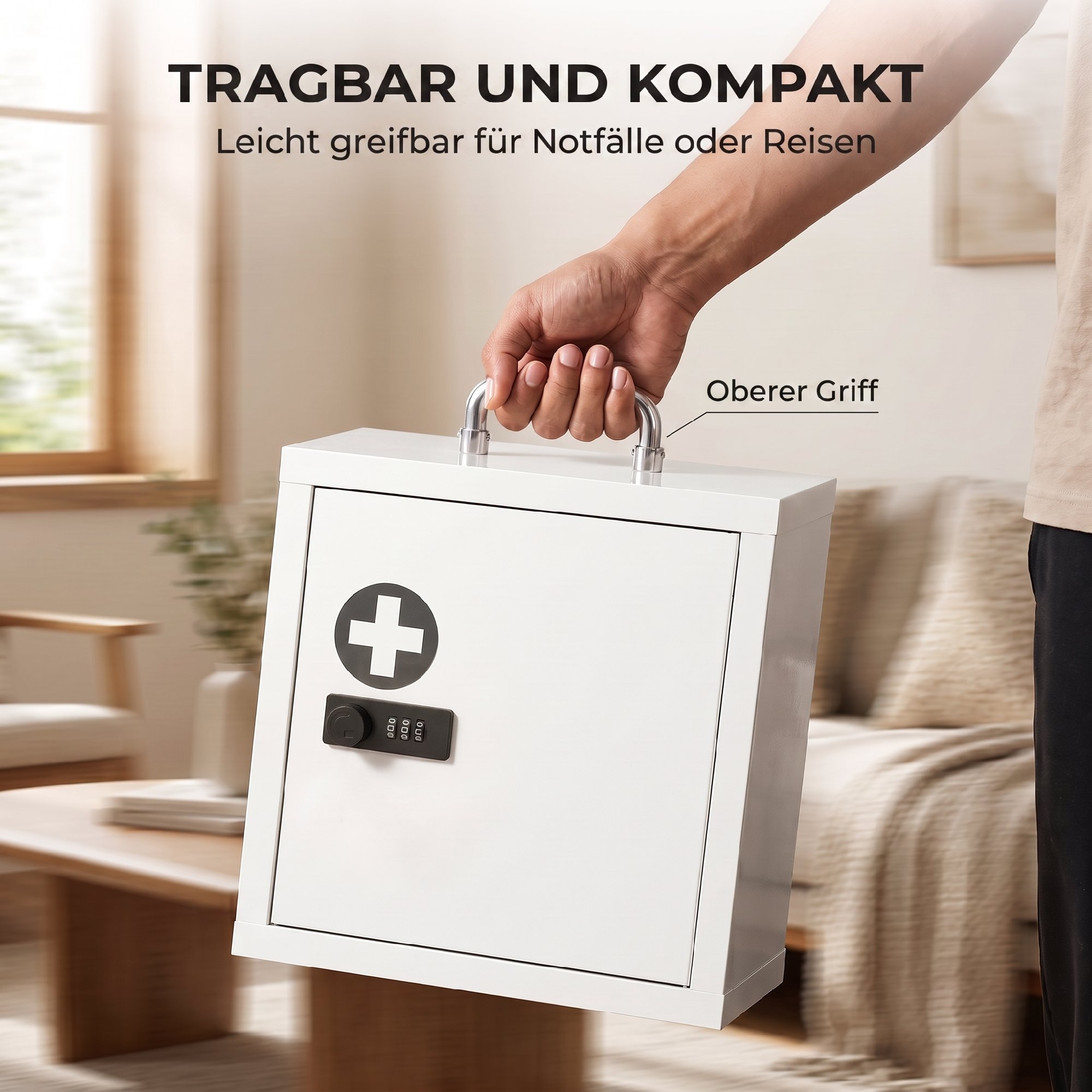 Medizinschrank zur Wandmontage mit Zahlenschloss, 2-stufiger Erste-Hilfe-Schrank aus Edelstahl, Weiß