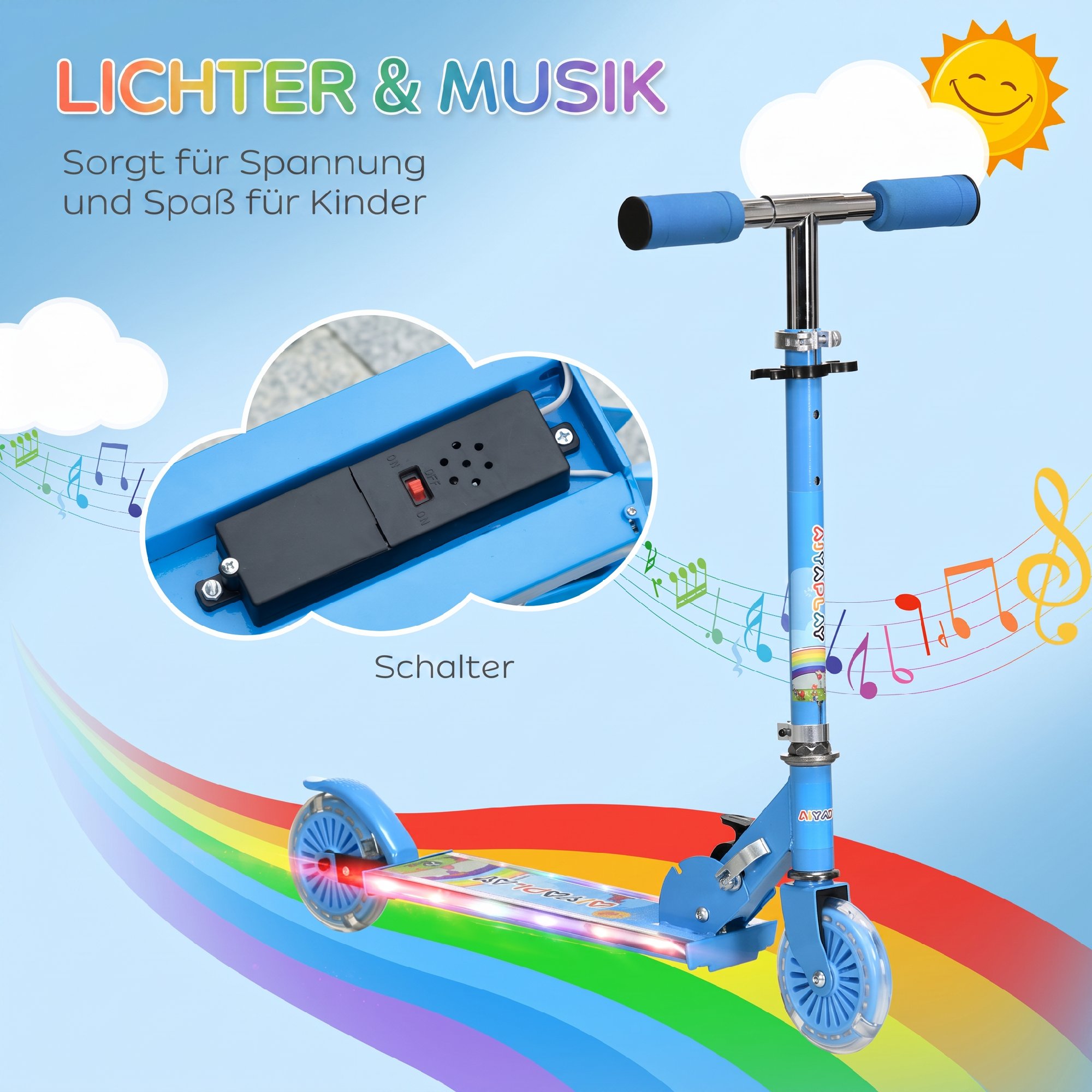 Roller Kinder Scooter mit LED Rädern 124 mm Rollen klappbarer Höhenverstellbar mit Musik Hinterradbremse Blau