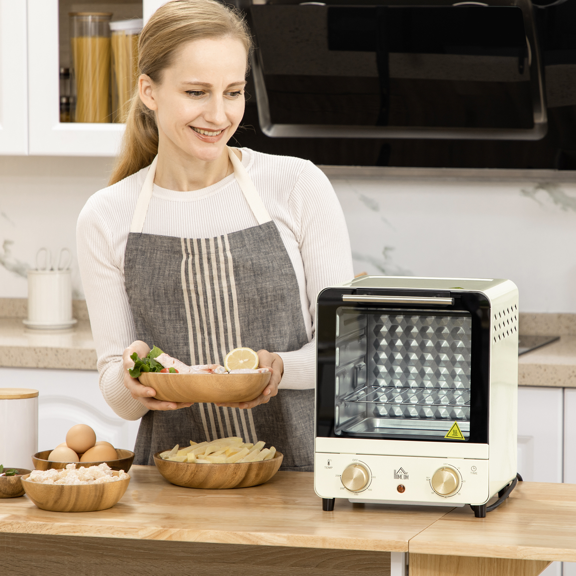 Mini Ofen 15L Fassungsvermögen, höhenverstellbares Backblech und Gitterrost, 1000W, Cremeweiß