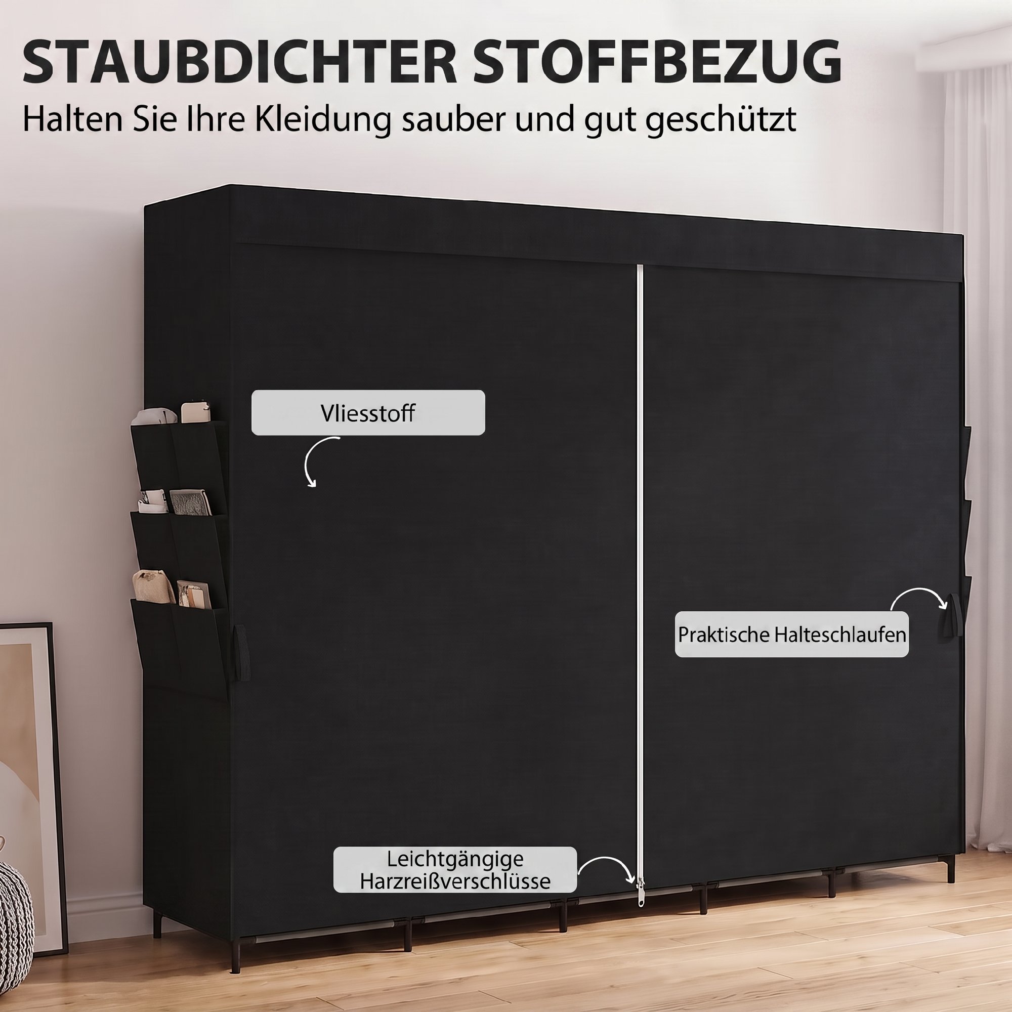 Stoff-Kleiderschrank, staubdicht, tragbar, 5 Kleiderstangen, 212 x 45 x 167 cm, Schwarz