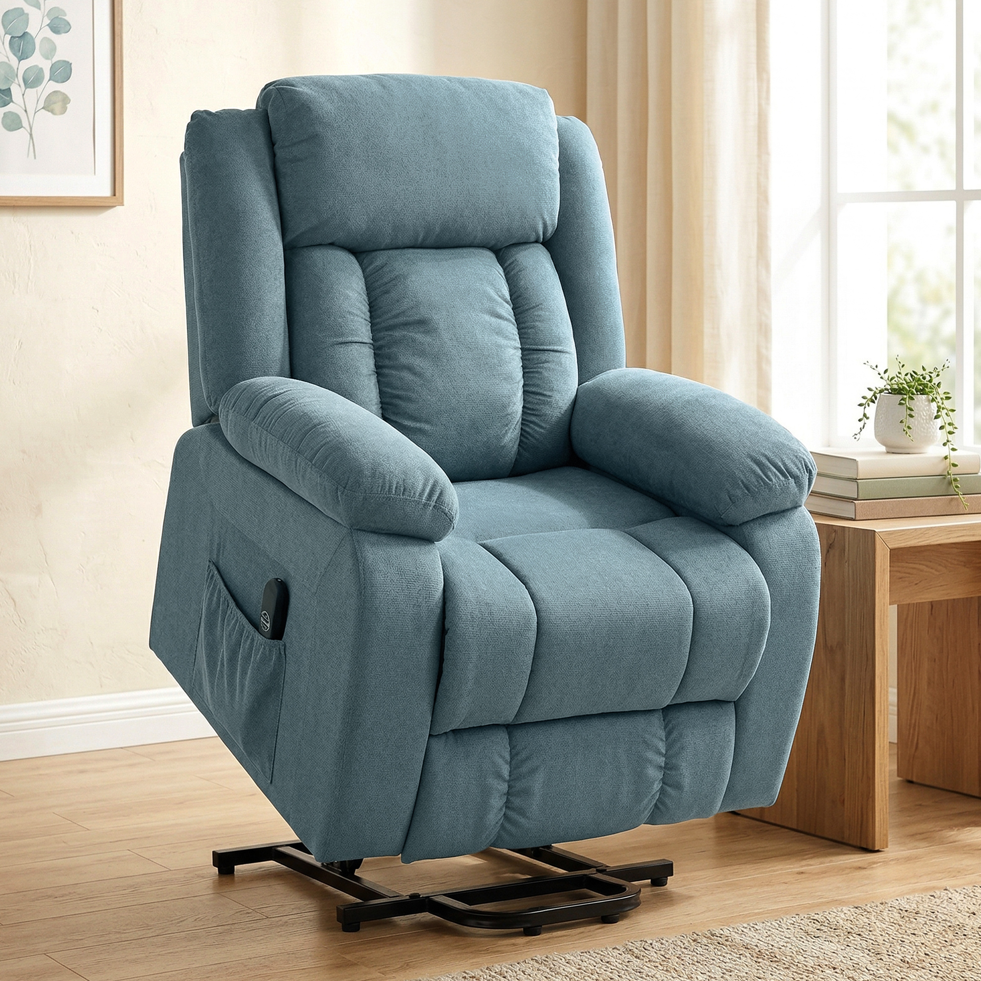 Aufstehsessel mit weichem Bezug, Recliner-Sessel mit Fernbedienung und Seitentaschen, Blau