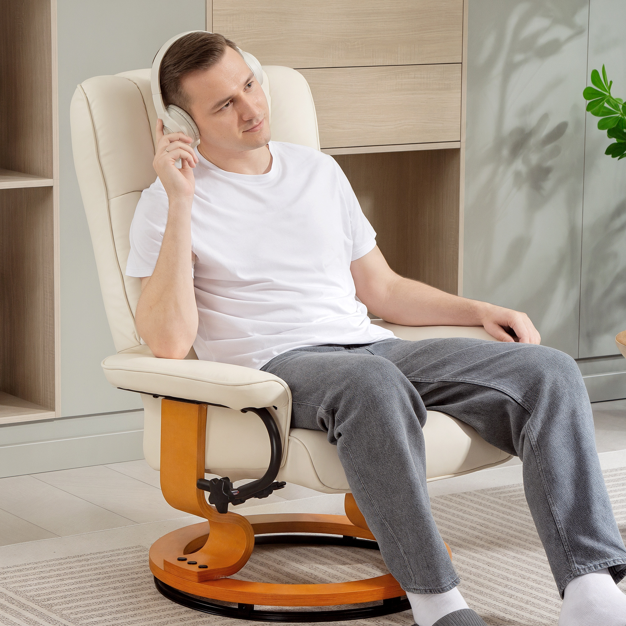 Relaxsessel mit Hocker, drehbar & neigbar, Kunstlederbezug, bis 150 kg, Holzgestell, Cremeweiß