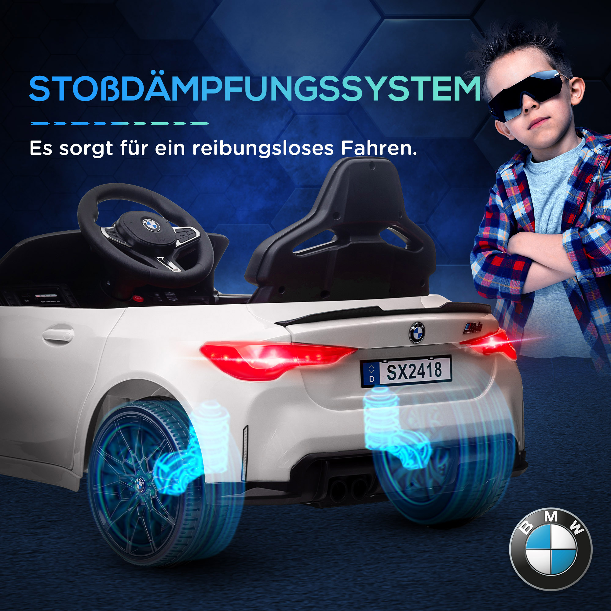 Elektro-Kinderauto BMW M4, Sound & Licht, 3-5 km/h, inkl. Fernsteuerung, für 3-5 Jahre, Weiß