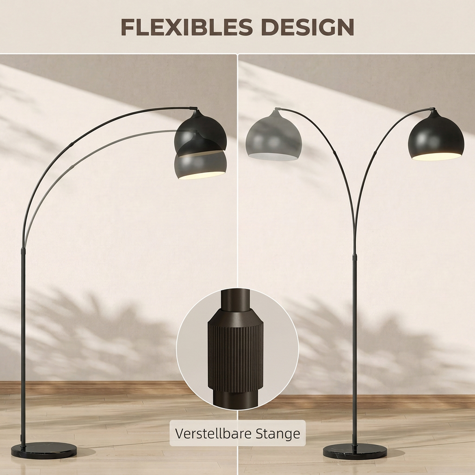 Bogenleuchte, Stehlampe, höhenverstellbar, Fußschalter, Sockel in Marmoroptik, 170-180cm, Schwarz