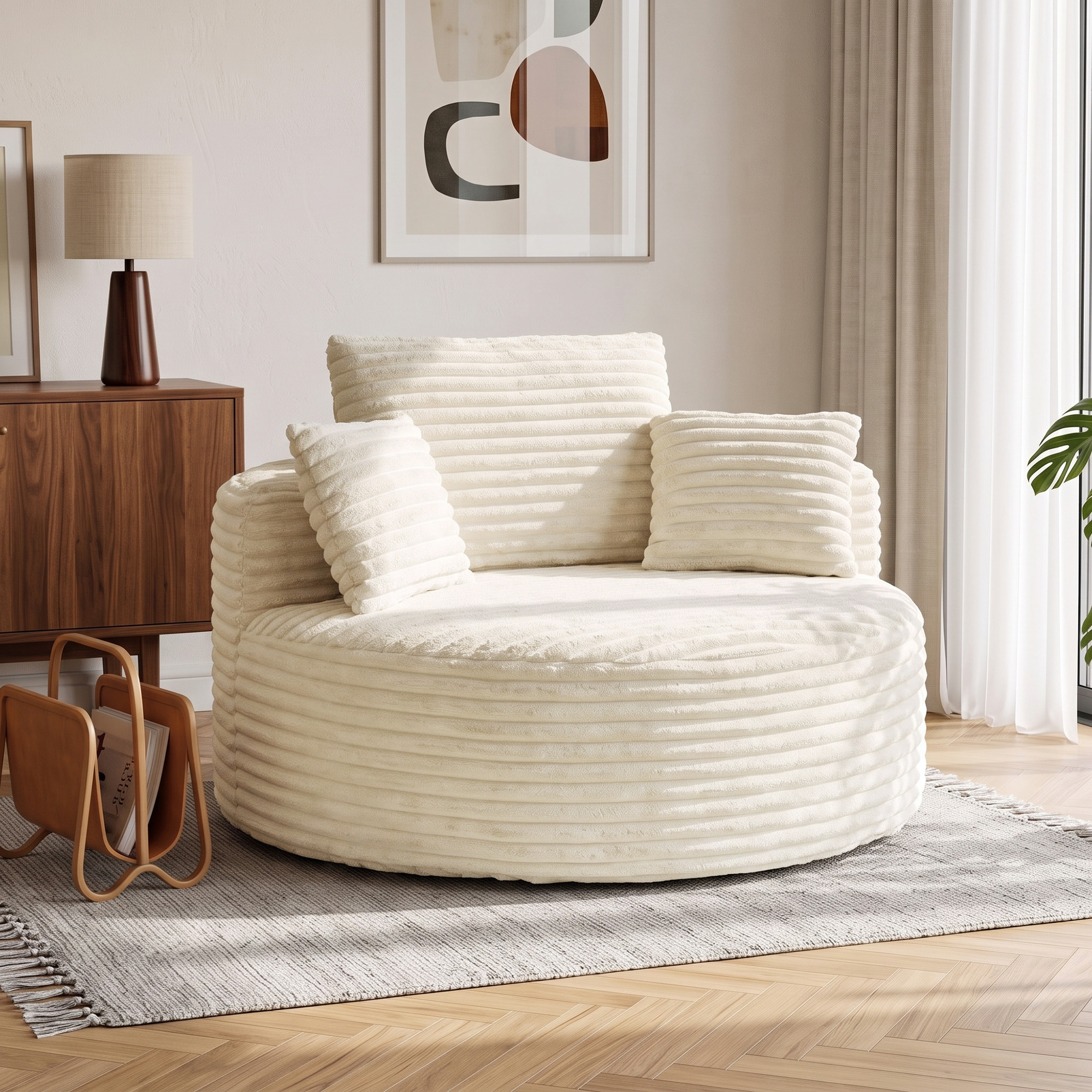 Sessel mit tiefer Sitzfläche, Einzelsofa ohne festen Rahmen, Vollschaum-Design, 4 Kissen, Cremeweiß