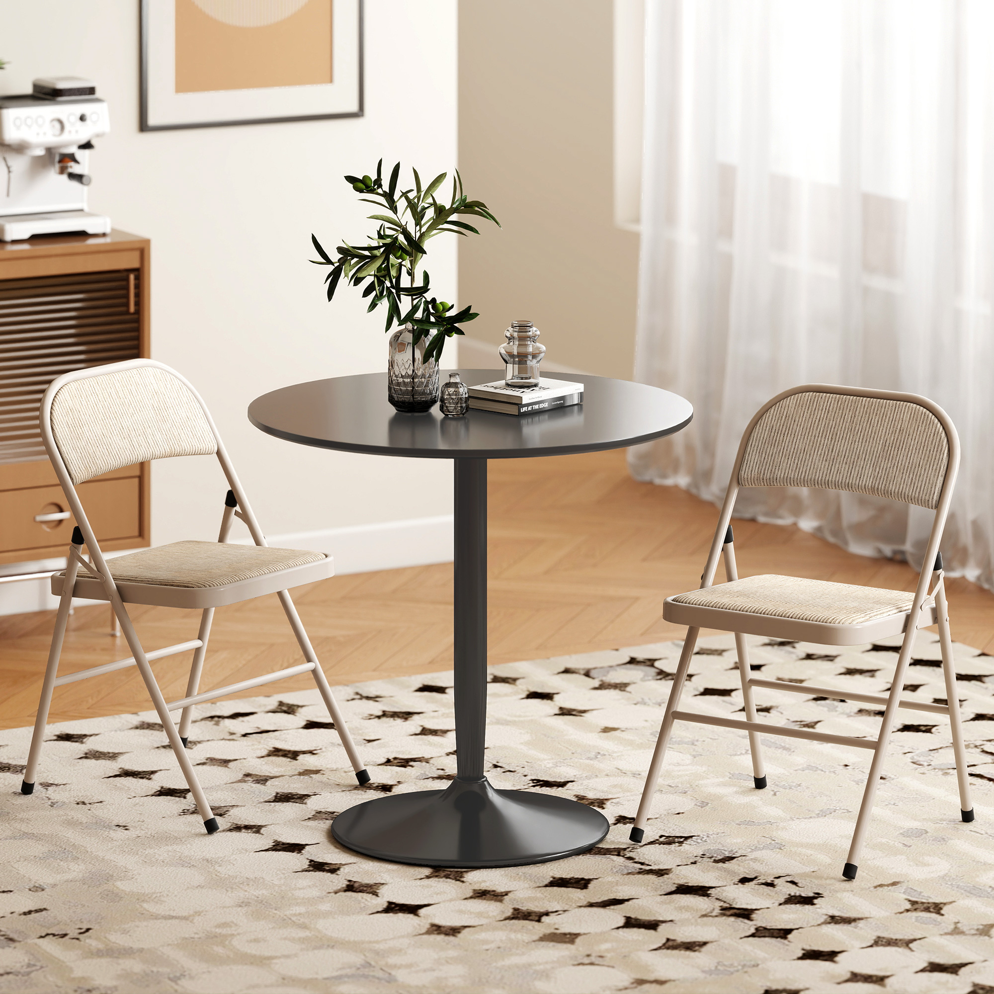 2er-Set Klappstühle, tragbare Bürostühle, Metallbeine, Faltstuhl für Büro, Empfang, Wartezimmer, Leinenoptik, Beige