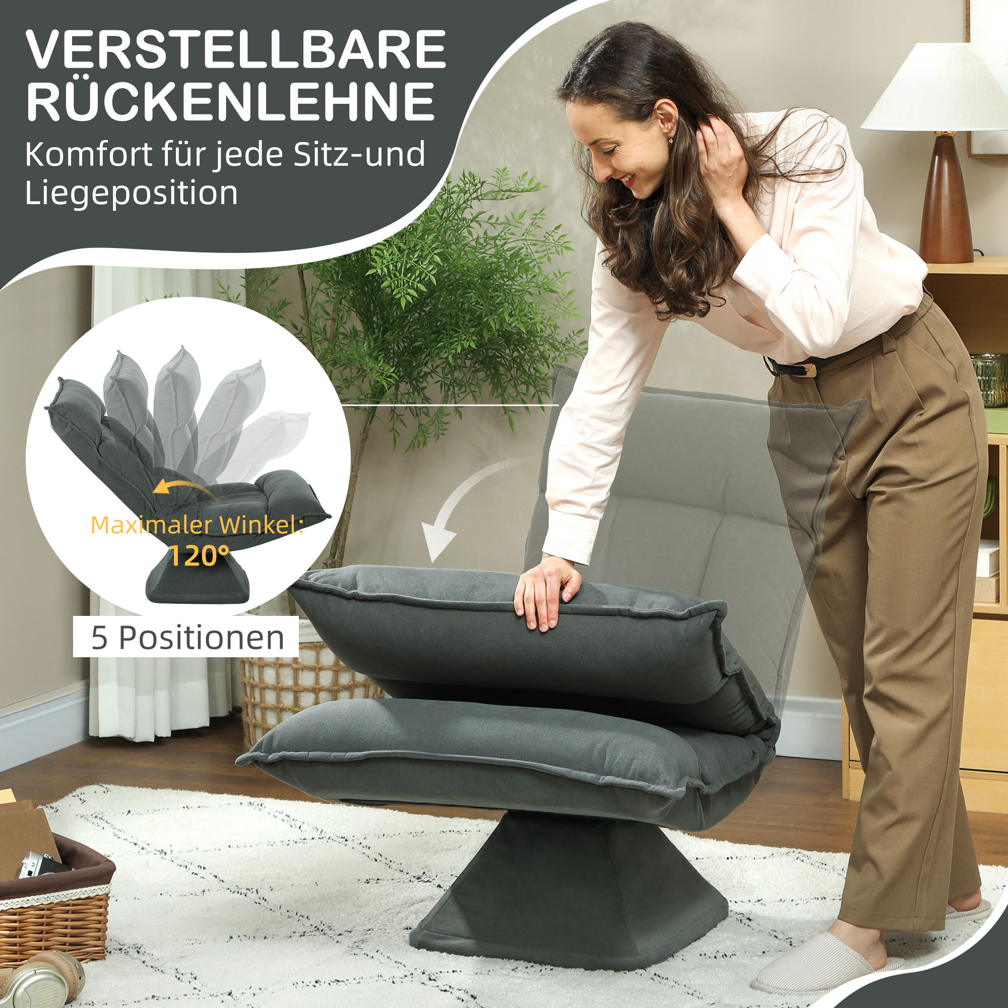 Bodensessel mit 5-fach verstellbarer Rückenlehne, drehbar, moderner Polsterstuhl, Dunkelgrau