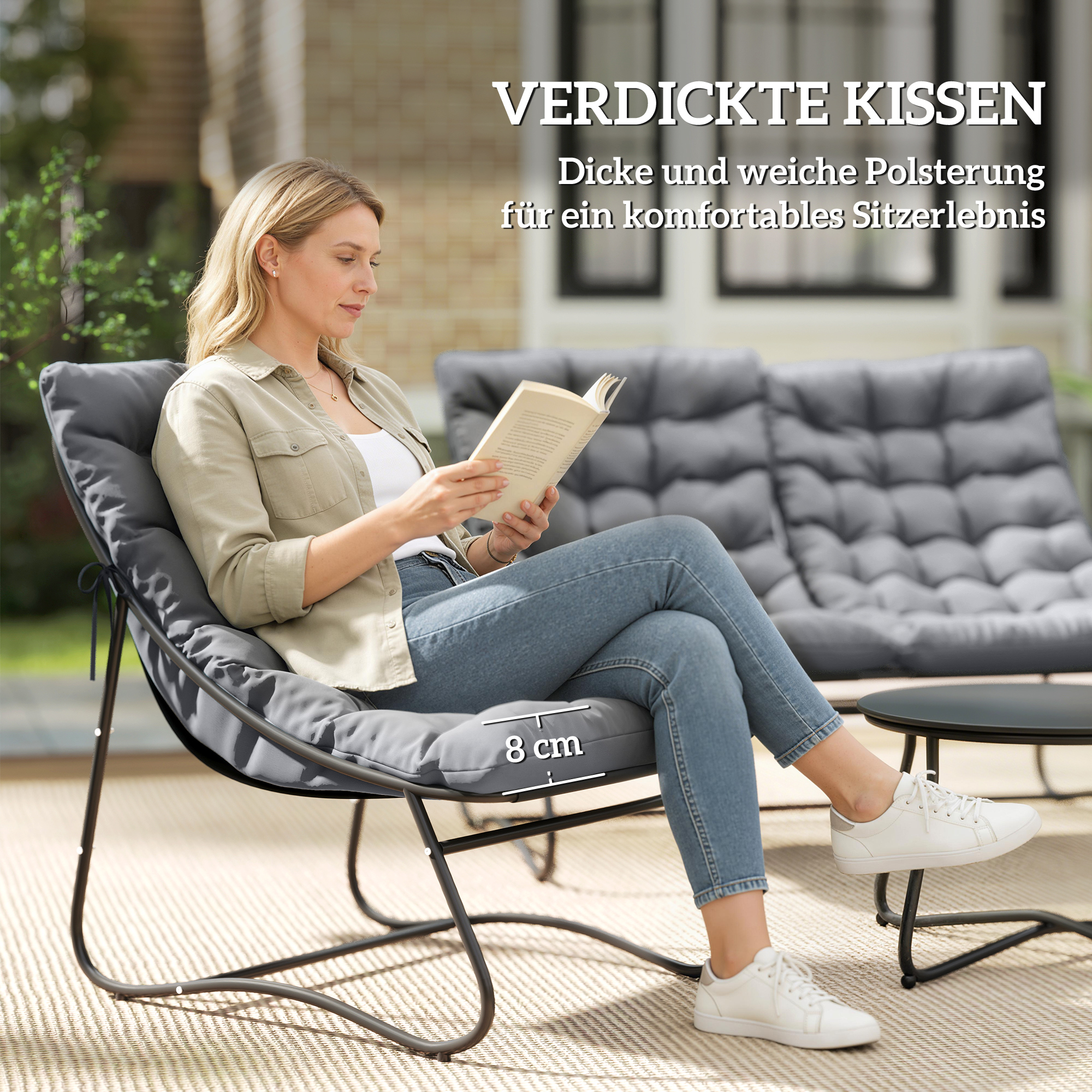 4-Sitzer Gartenmöbel-Set, 2 Stühle, 1 Doppel-Sofa, 1 Tisch, dicke Kissen, Stahlrahmen, für Terrasse, Grau