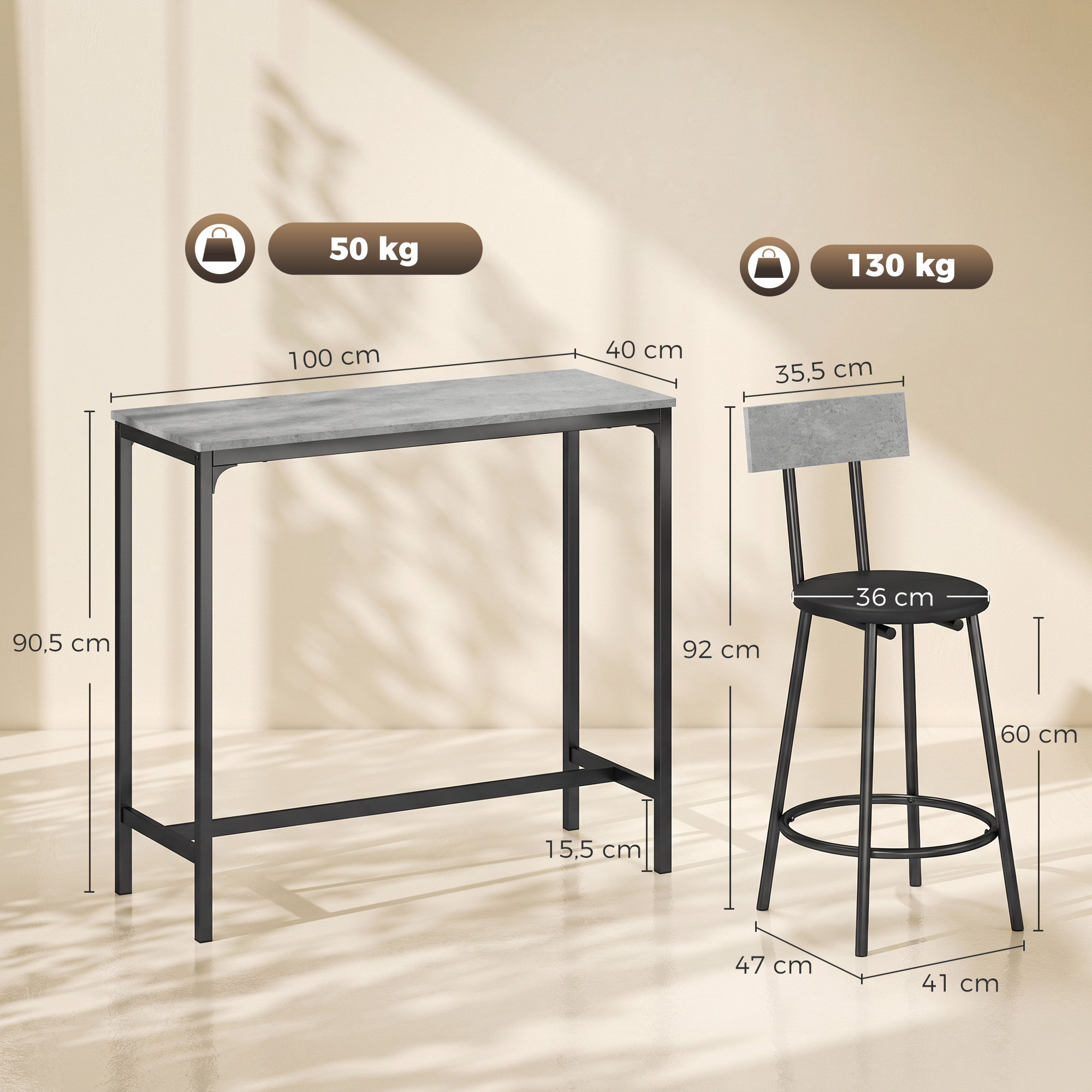 Bartisch mit Barhocker Set Tresentisch mit 2 gepolsterten Hockern mit Fußstütze für Esszimmer, kleinen Raum, Grau
