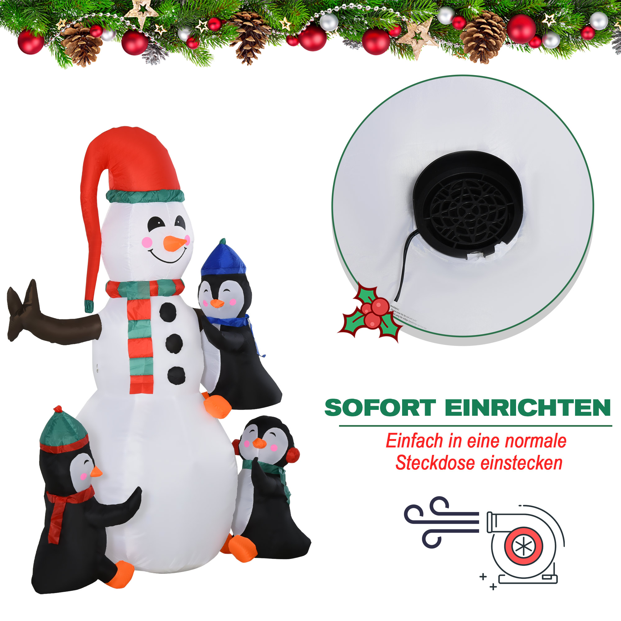 Schneemann Outdoor-Weihnachtsdekoration, inkl. Gebläse, bunte LED´s, selbstaufblasend 1,4 m, Mehrfarbig